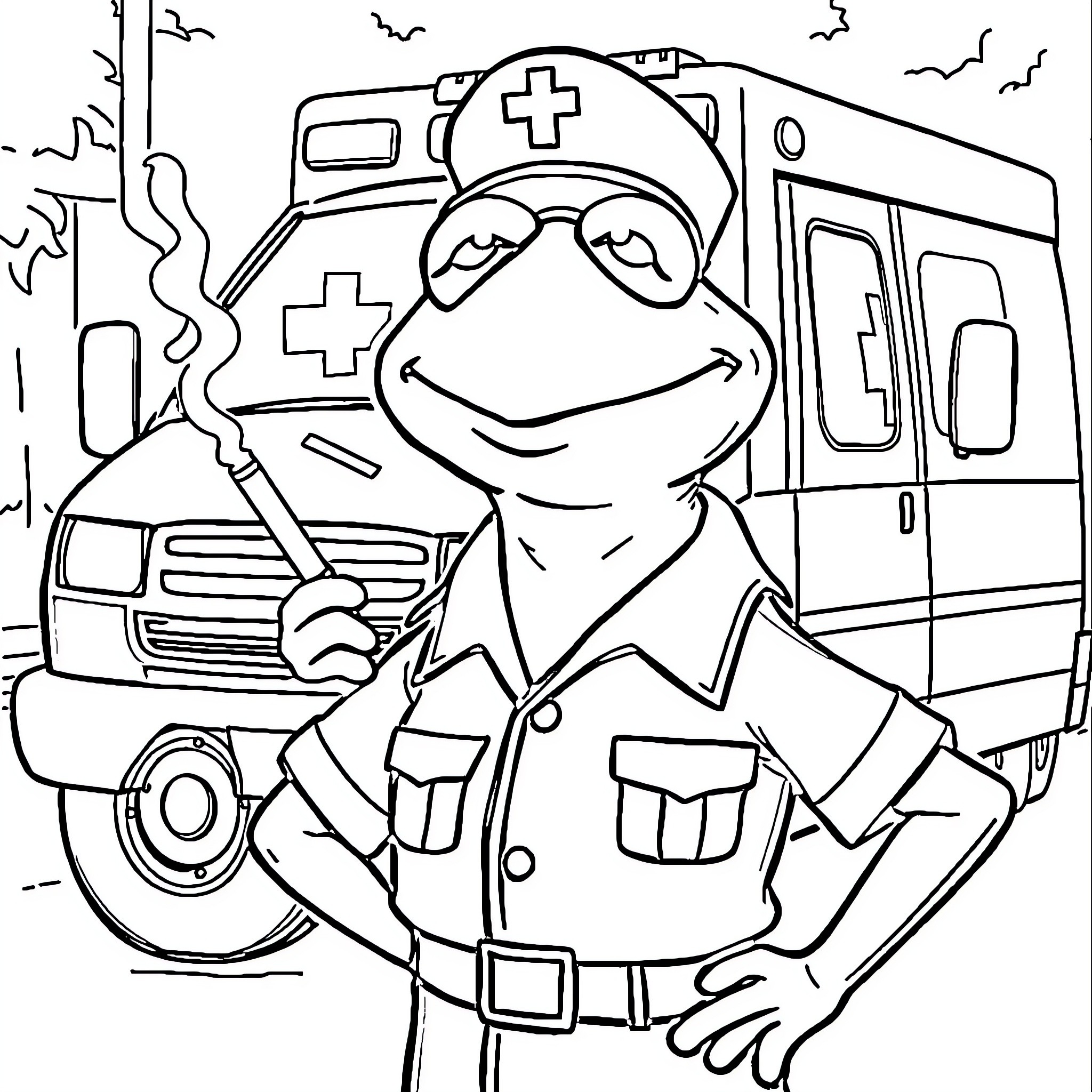 Kermit the Frog as a Friendly Paramedic Coloring Page (free black-and-white line drawing printable PDF for all, from beginners to advanced learners, including children, teens, adults, and seniors)