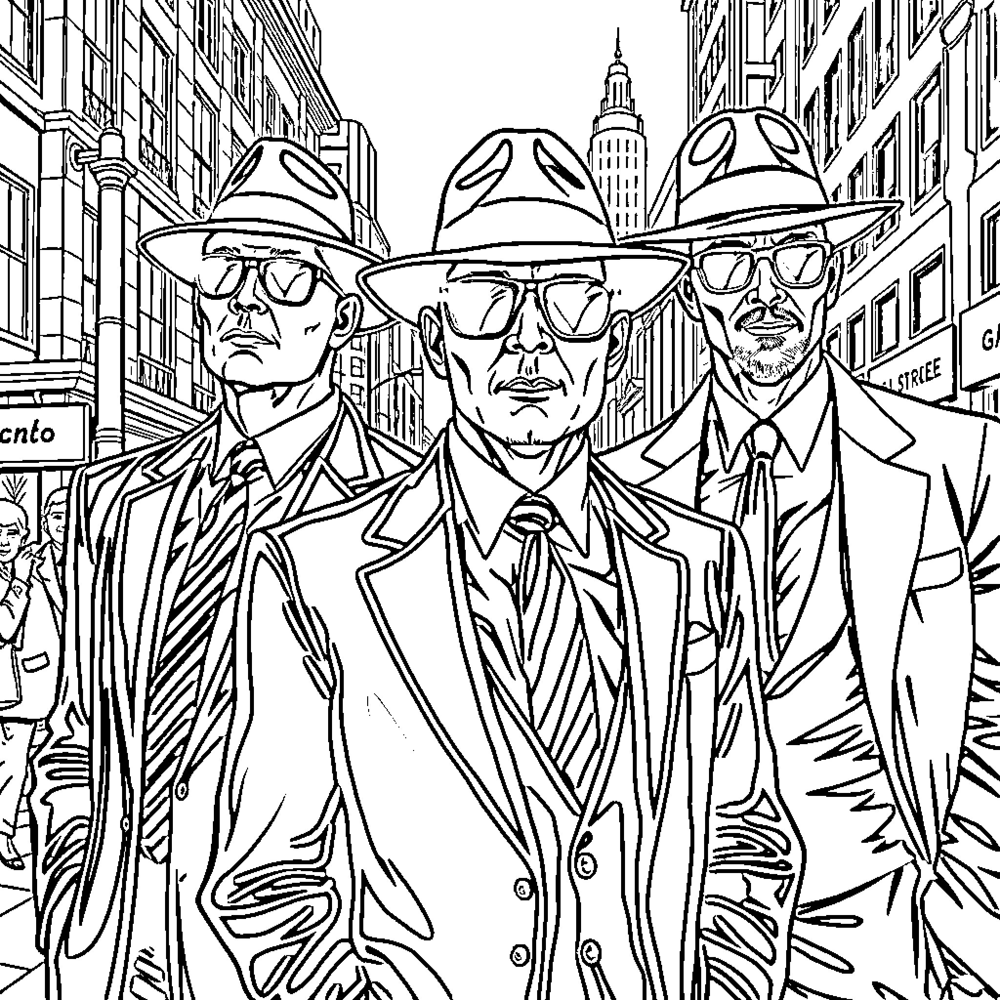 Gangster trio in stylish suits and hats in city setting Coloring Page (free black-and-white line drawing printable PDF for all, from beginners to advanced learners, including children, teens, adults, and seniors)