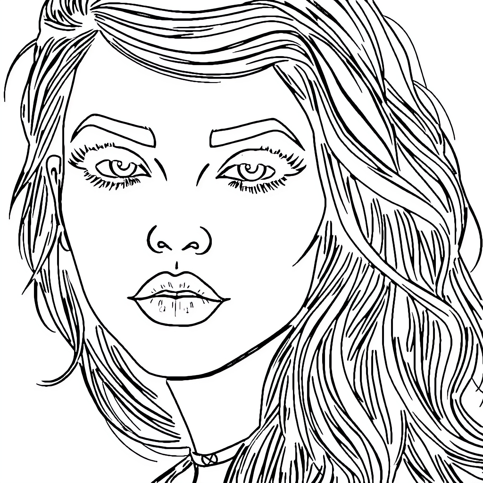Latina woman with expressive eyes and flowing hair Coloring Page (free black-and-white line drawing printable PDF for all, from beginners to advanced learners, including children, teens, adults, and seniors)