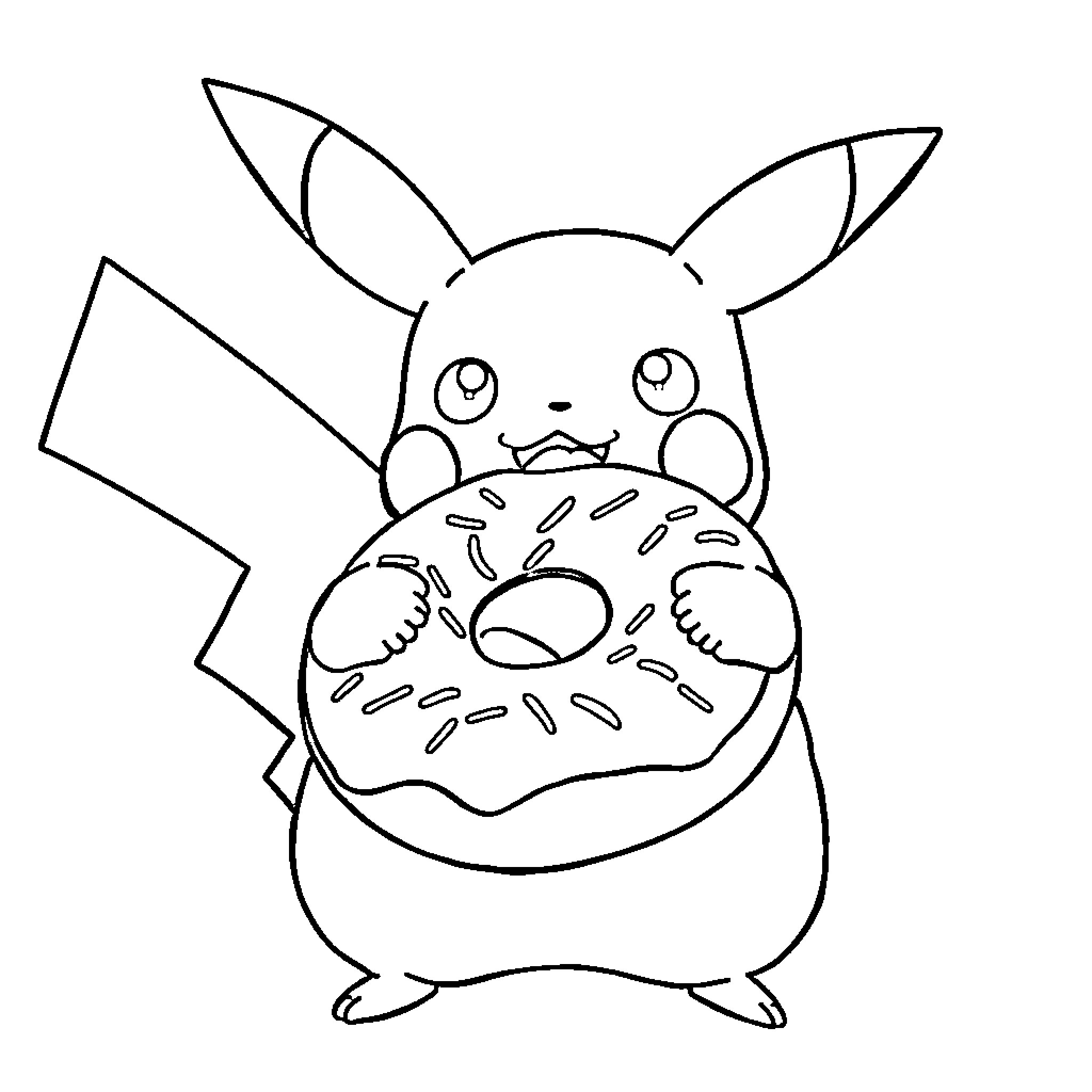 Pikachu happily holding a donut Coloring Page (free black-and-white line drawing printable PDF for all, from beginners to advanced learners, including children, teens, adults, and seniors)