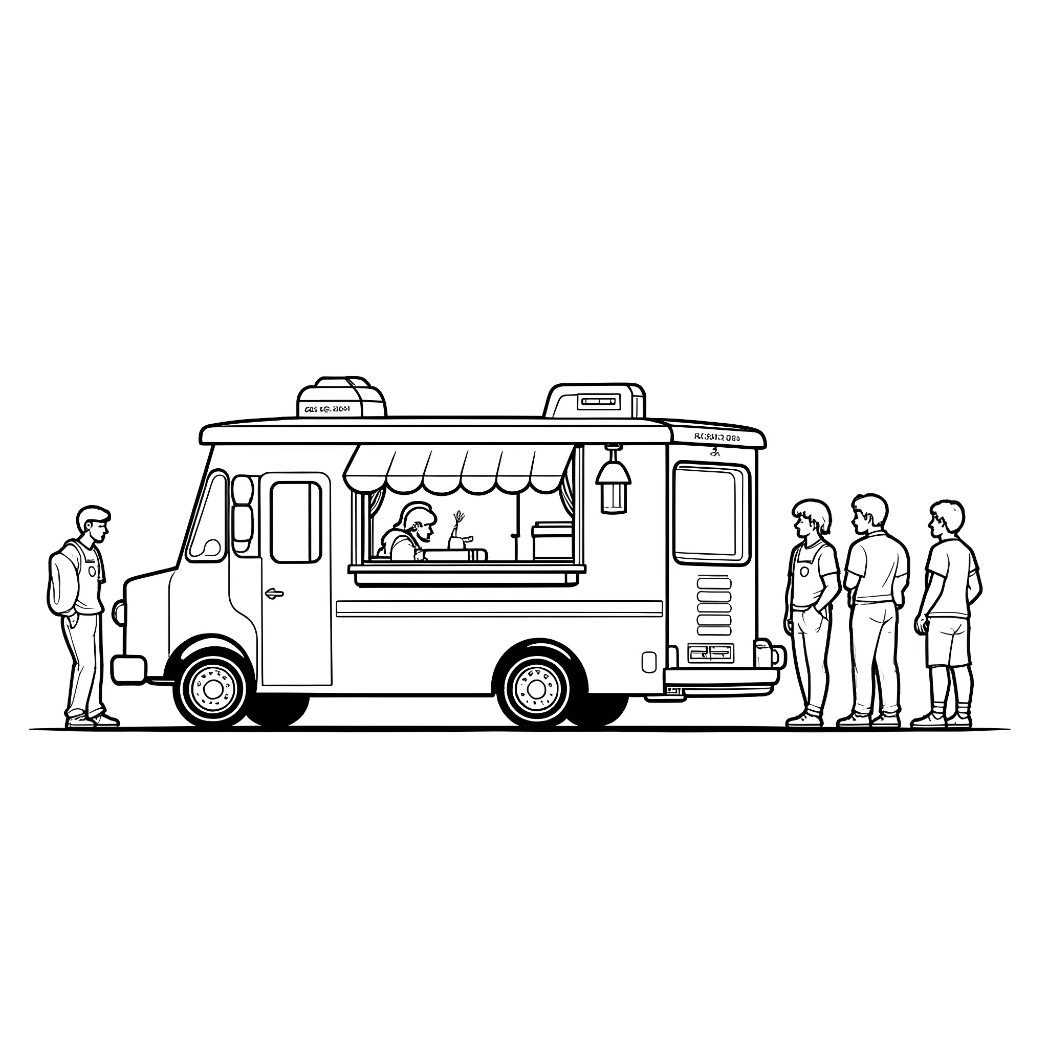 Food Truck serving customers in the street Coloring Page (free black-and-white line drawing printable PDF for all, from beginners to advanced learners, including children, teens, adults, and seniors)