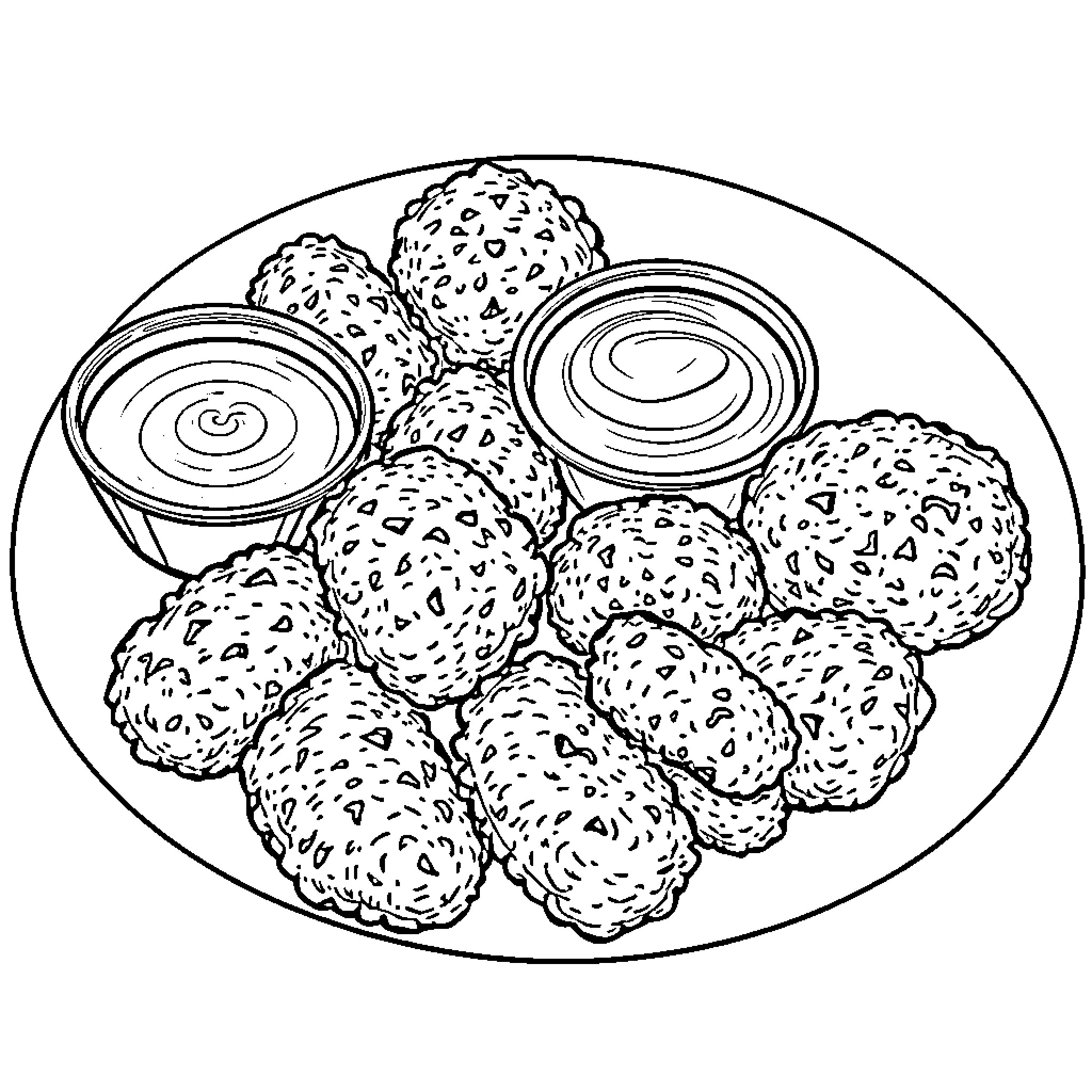 Chicken Nugget Plate with Dipping Sauces Coloring Page (free black-and-white line drawing printable PDF for all, from beginners to advanced learners, including children, teens, adults, and seniors)
