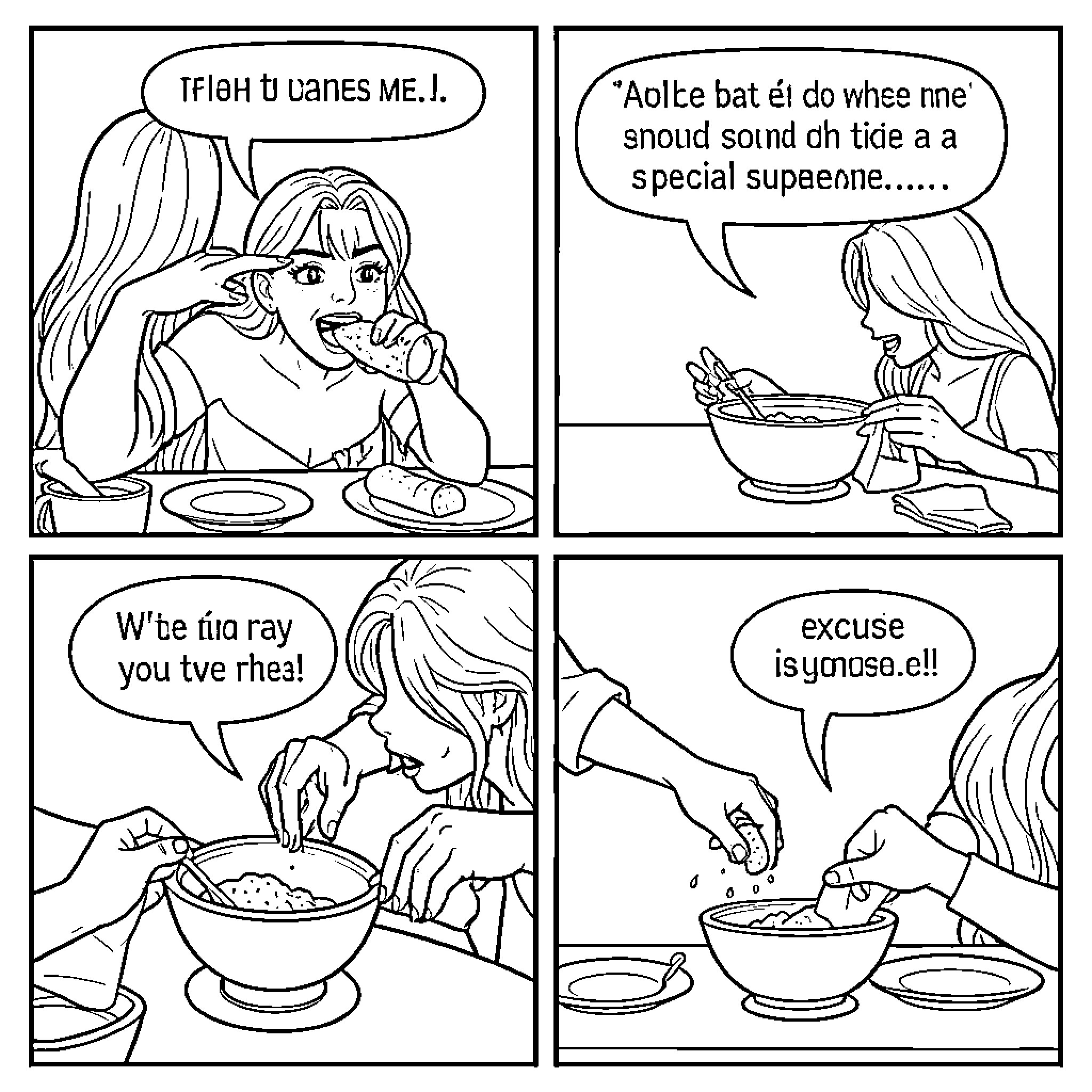 Table Conversations Between Two Women Coloring Page (free black-and-white line drawing printable PDF for all, from beginners to advanced learners, including children, teens, adults, and seniors)