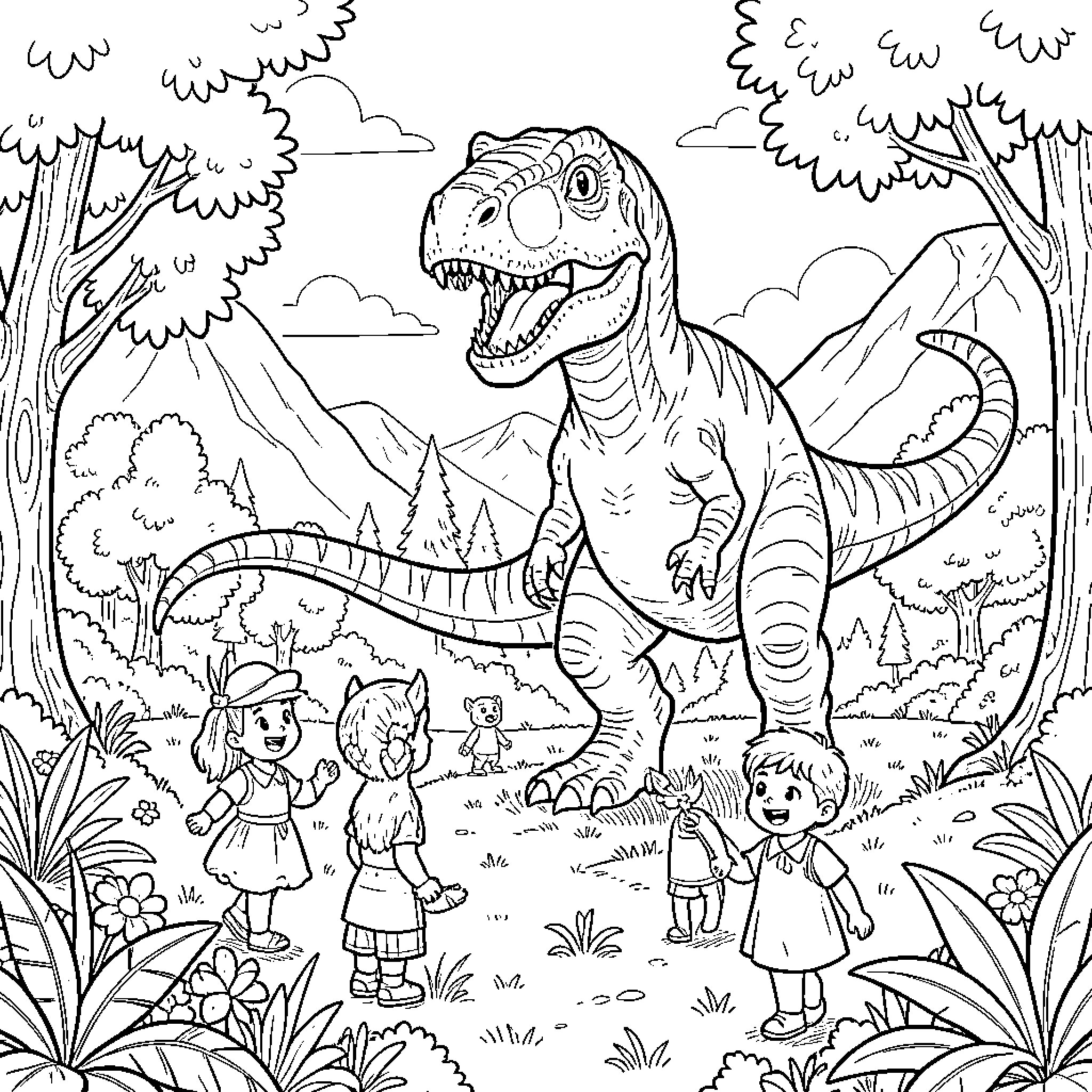Paw Patrol Adventuring with Dinosaurs in the Forest Coloring Page (free black-and-white line drawing printable PDF for all, from beginners to advanced learners, including children, teens, adults, and seniors)