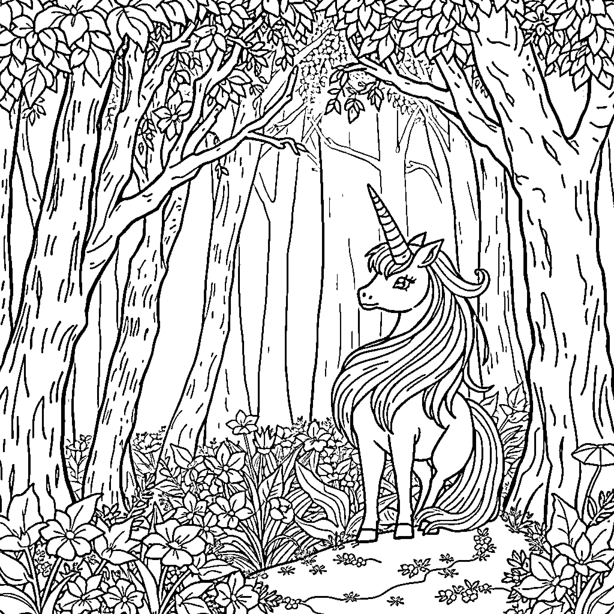 Unicorn exploring the enchanted forest Coloring Page (free black-and-white line drawing printable PDF for all, from beginners to advanced learners, including children, teens, adults, and seniors)