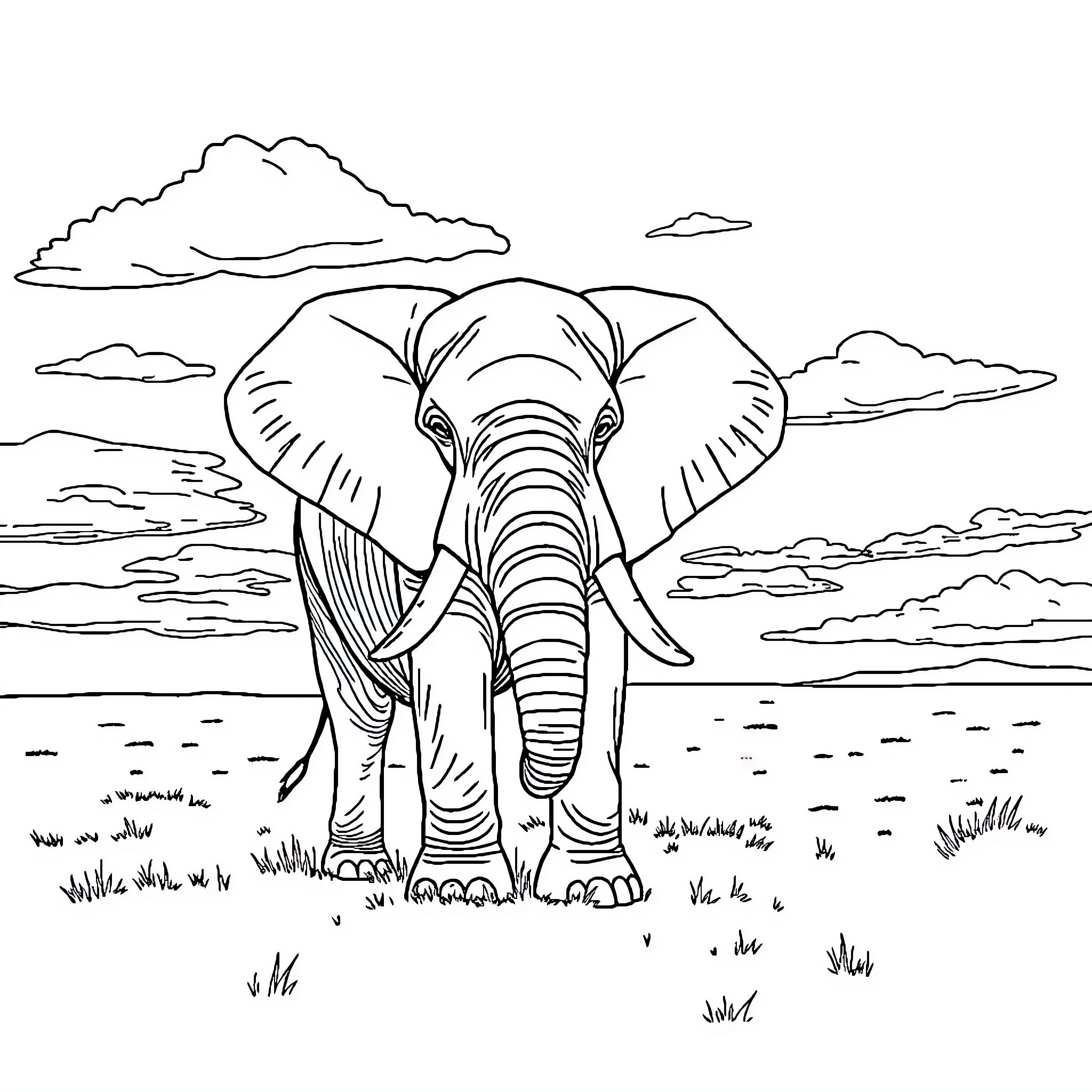 Elephant walking through the savanna Coloring Page (free black-and-white line drawing printable PDF for all, from beginners to advanced learners, including children, teens, adults, and seniors)
