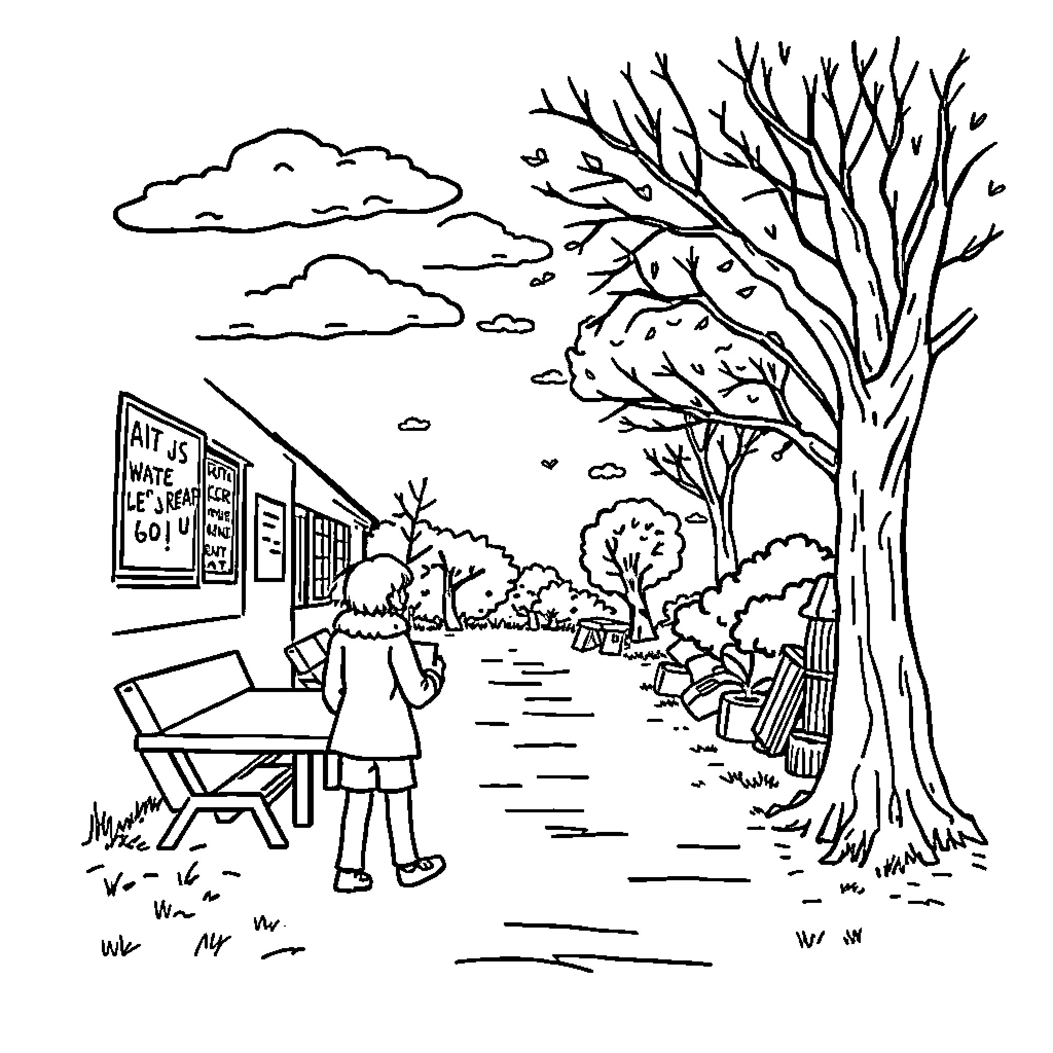 Shadow figures in a wintery park scene Coloring Page (free black-and-white line drawing printable PDF for all, from beginners to advanced learners, including children, teens, adults, and seniors)