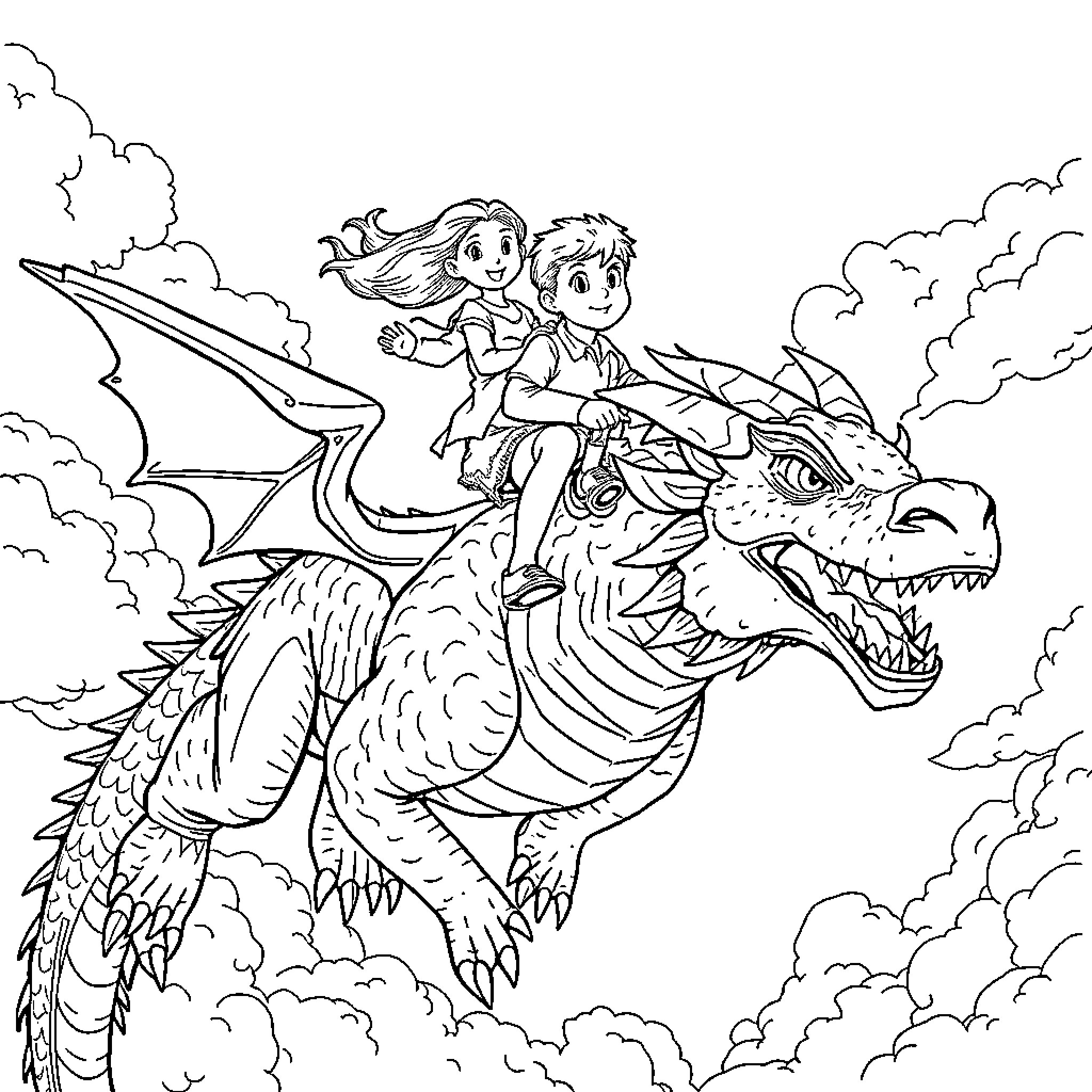 Dragon-riding Adventure with Companions Coloring Page (free black-and-white line drawing printable PDF for all, from beginners to advanced learners, including children, teens, adults, and seniors)