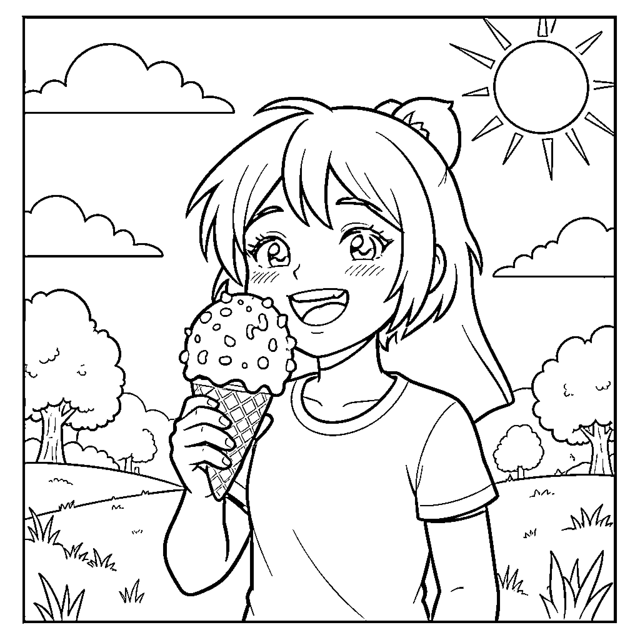 Scissor Seven enjoying a sunny day with ice cream Coloring Page (free black-and-white line drawing printable PDF for all, from beginners to advanced learners, including children, teens, adults, and seniors)