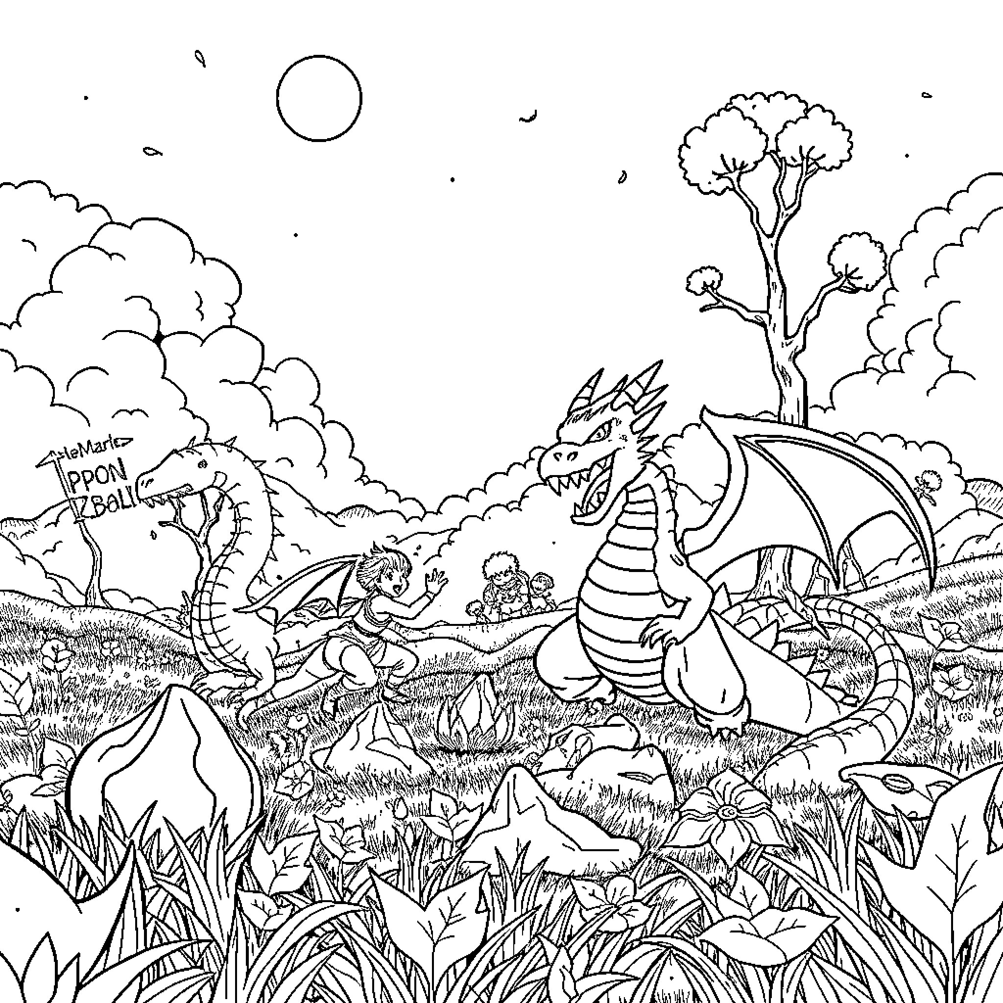 Dragon Ball Characters in Fantastical Landscape Coloring Page (free black-and-white line drawing printable PDF for all, from beginners to advanced learners, including children, teens, adults, and seniors)