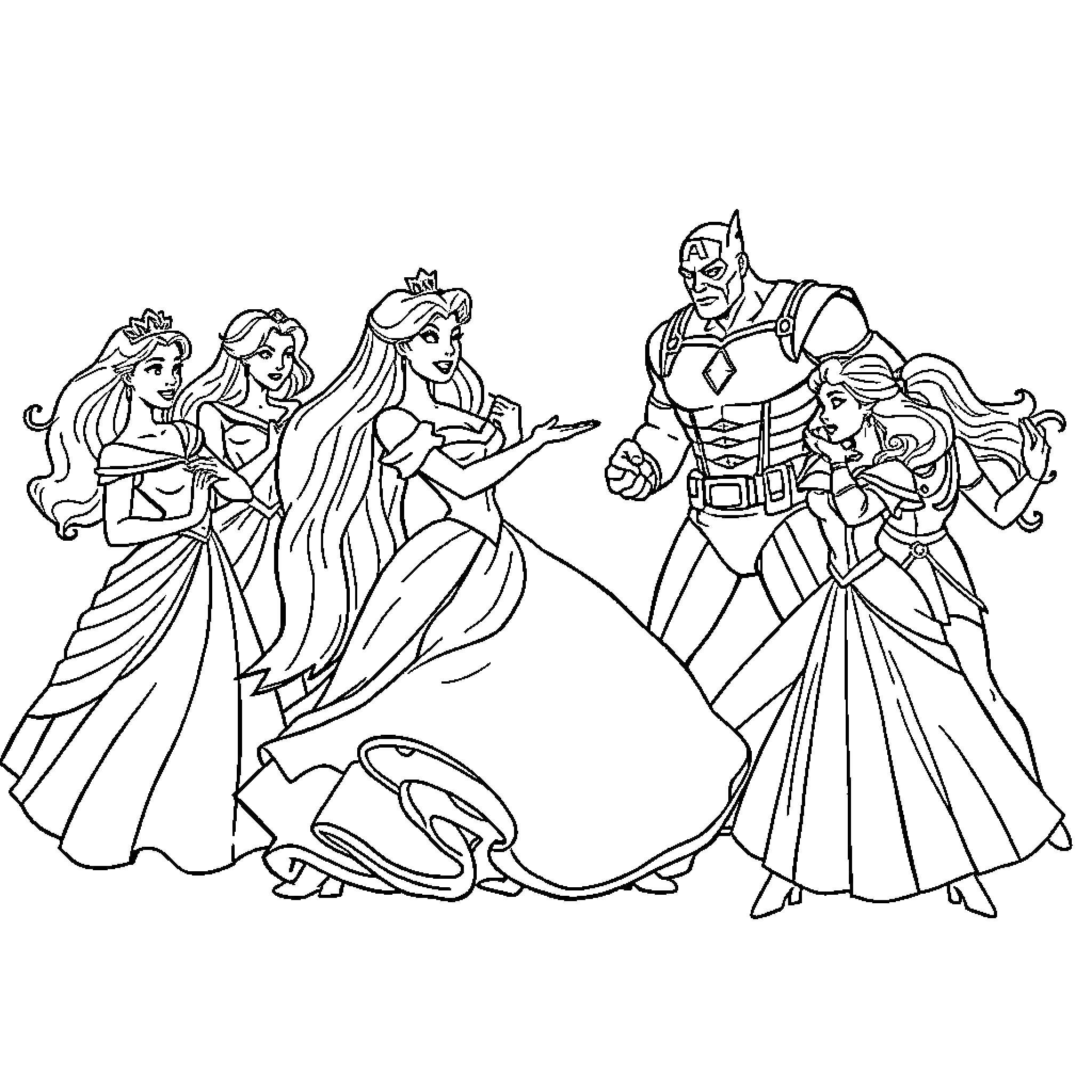 Princess Heroines and Protectors in Elegant Attire Coloring Page (free black-and-white line drawing printable PDF for all, from beginners to advanced learners, including children, teens, adults, and seniors)