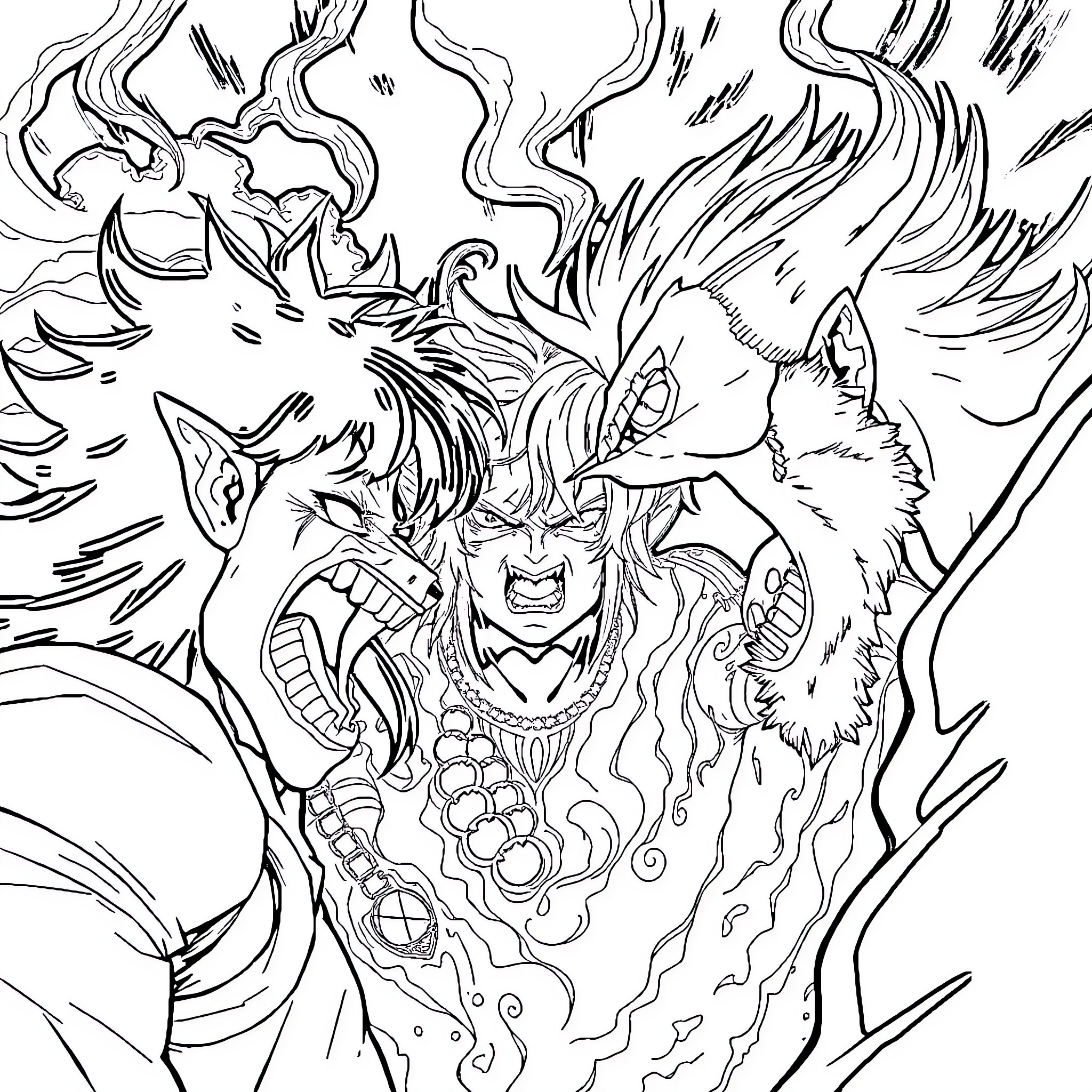 Anime Fierce Demonic Warrior in Raging Flames Coloring Page (free black-and-white line drawing printable PDF for all, from beginners to advanced learners, including children, teens, adults, and seniors)