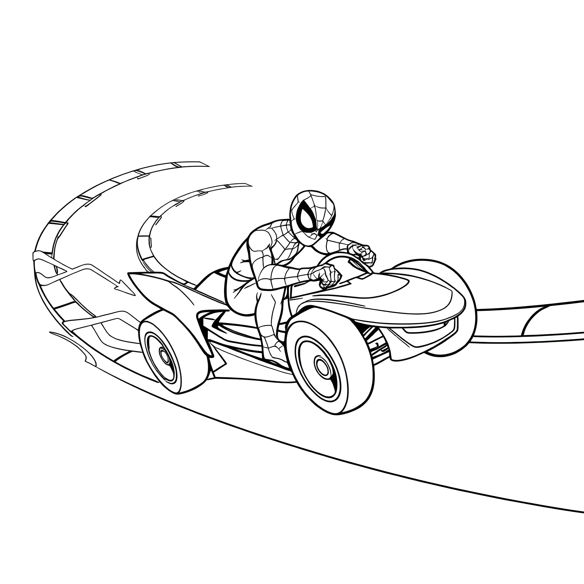 Spiderman riding a futuristic motorcycle Coloring Page (free black-and-white line drawing printable PDF for all, from beginners to advanced learners, including children, teens, adults, and seniors)