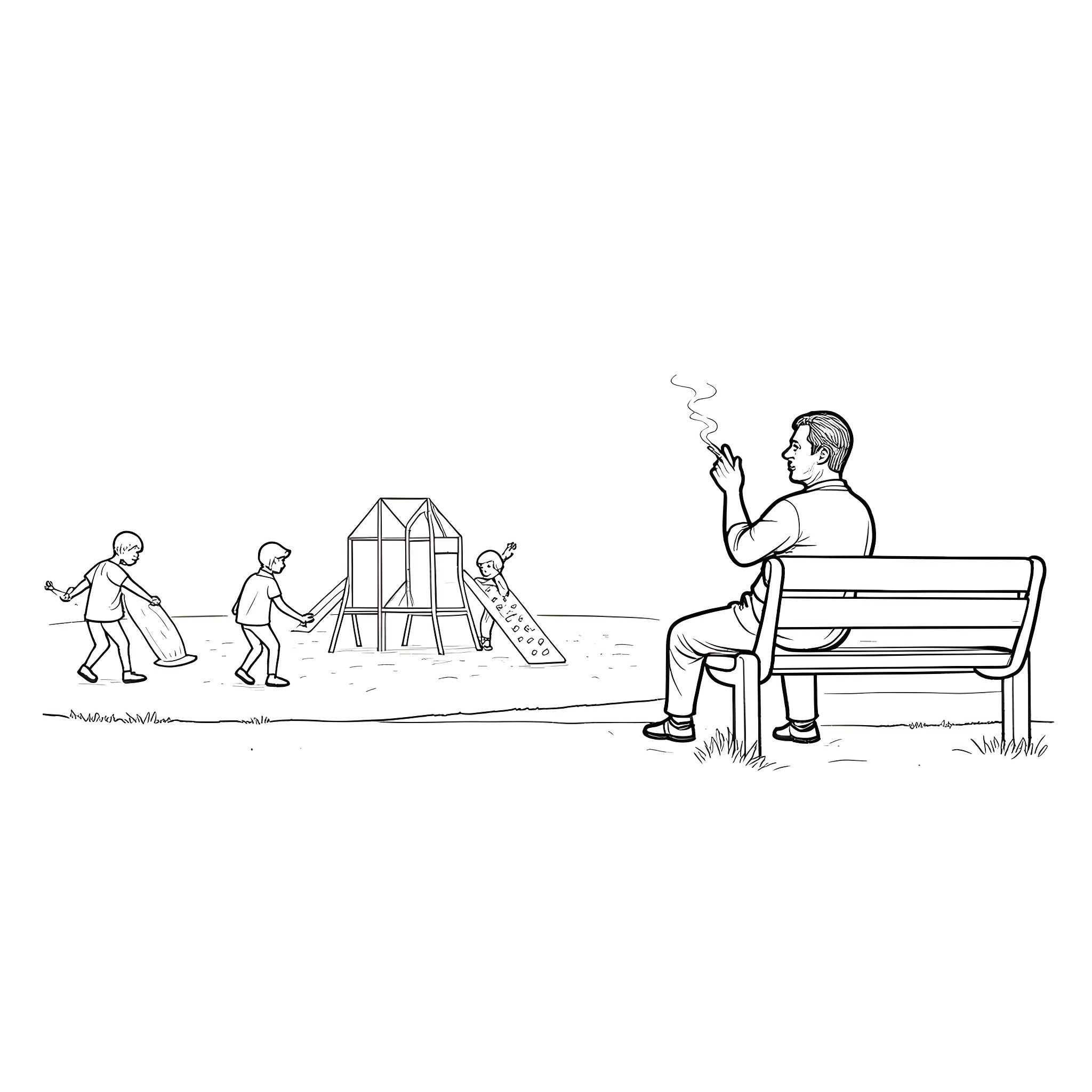 Man sitting on bench smoking while children play in park Coloring Page (free black-and-white line drawing printable PDF for all, from beginners to advanced learners, including children, teens, adults, and seniors)