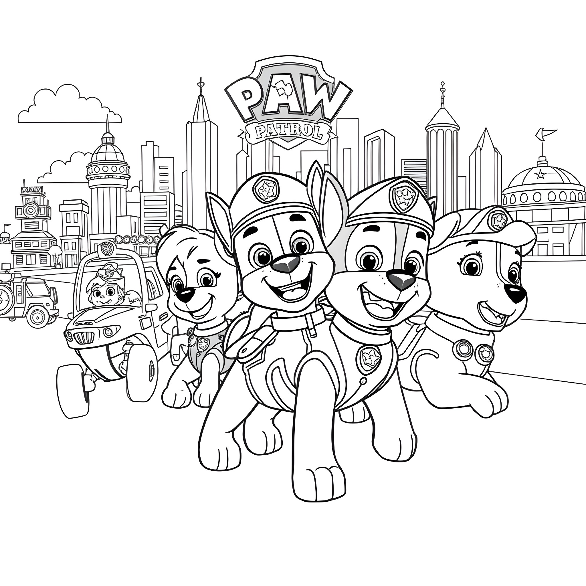 Paw Patrol team exploring the city Coloring Page (free black-and-white line drawing printable PDF for all, from beginners to advanced learners, including children, teens, adults, and seniors)