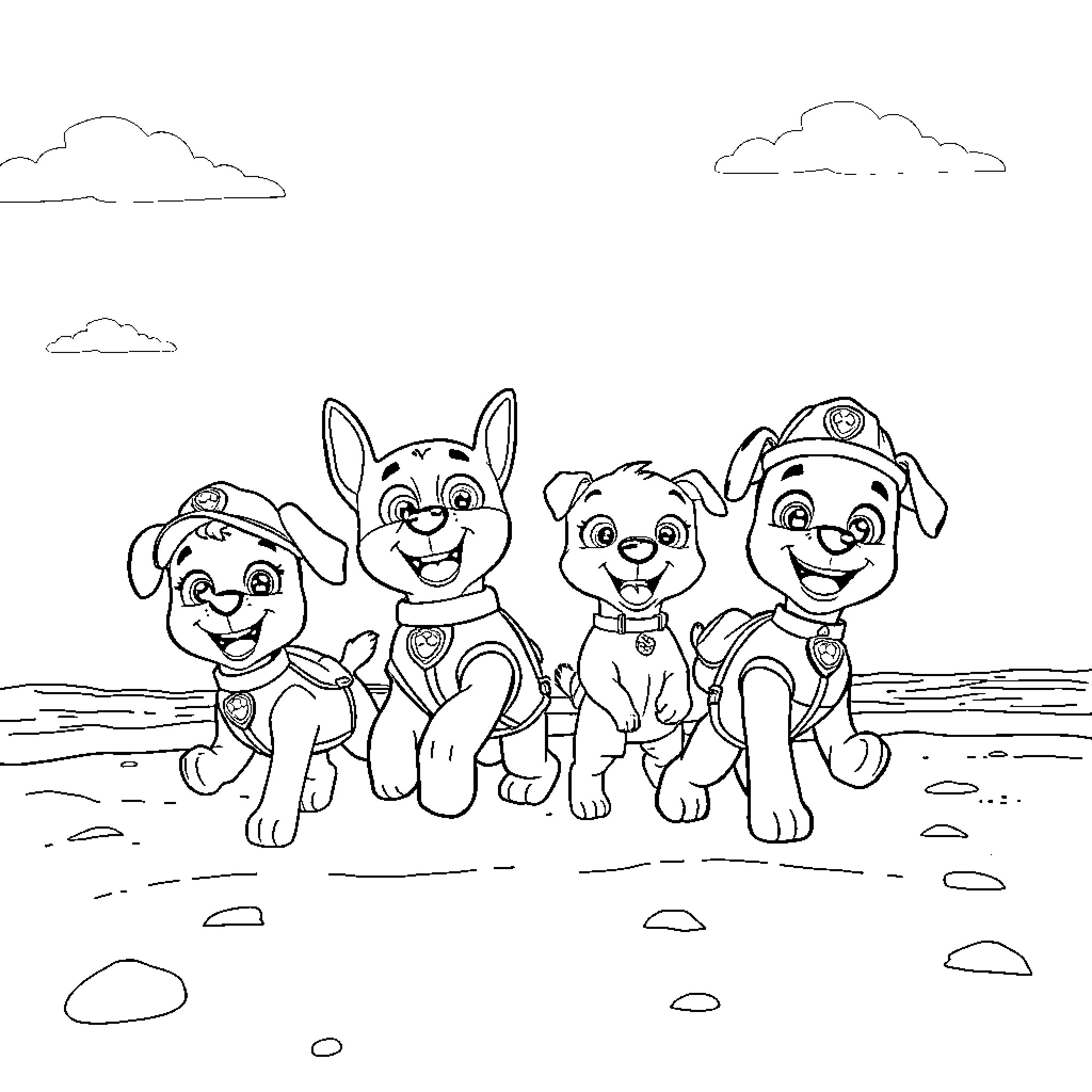 Paw Patrol pups playing together on the beach Coloring Page (free black-and-white line drawing printable PDF for all, from beginners to advanced learners, including children, teens, adults, and seniors)