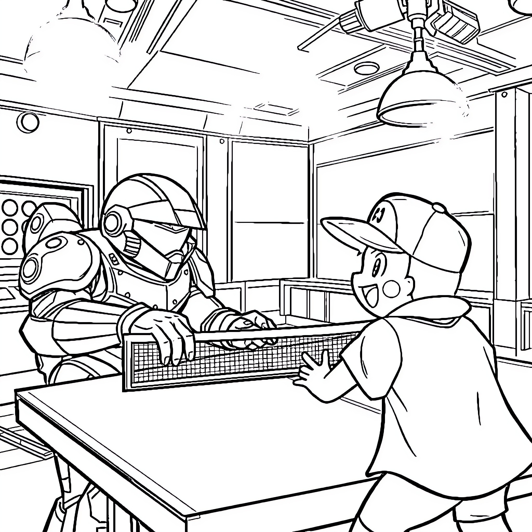 Master Chief in a Sci-Fi Command Center Coloring Page (free black-and-white line drawing printable PDF for all, from beginners to advanced learners, including children, teens, adults, and seniors)