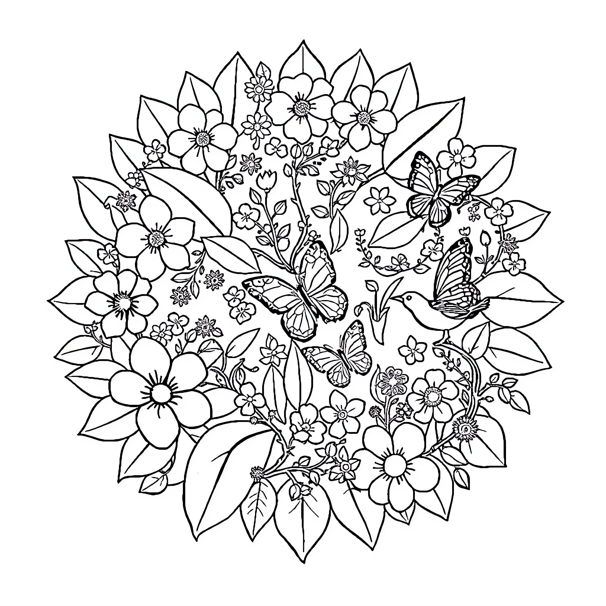 Nature's Floral Tapestry with Butterflies Coloring Page (free black-and-white line drawing printable PDF for all, from beginners to advanced learners, including children, teens, adults, and seniors)