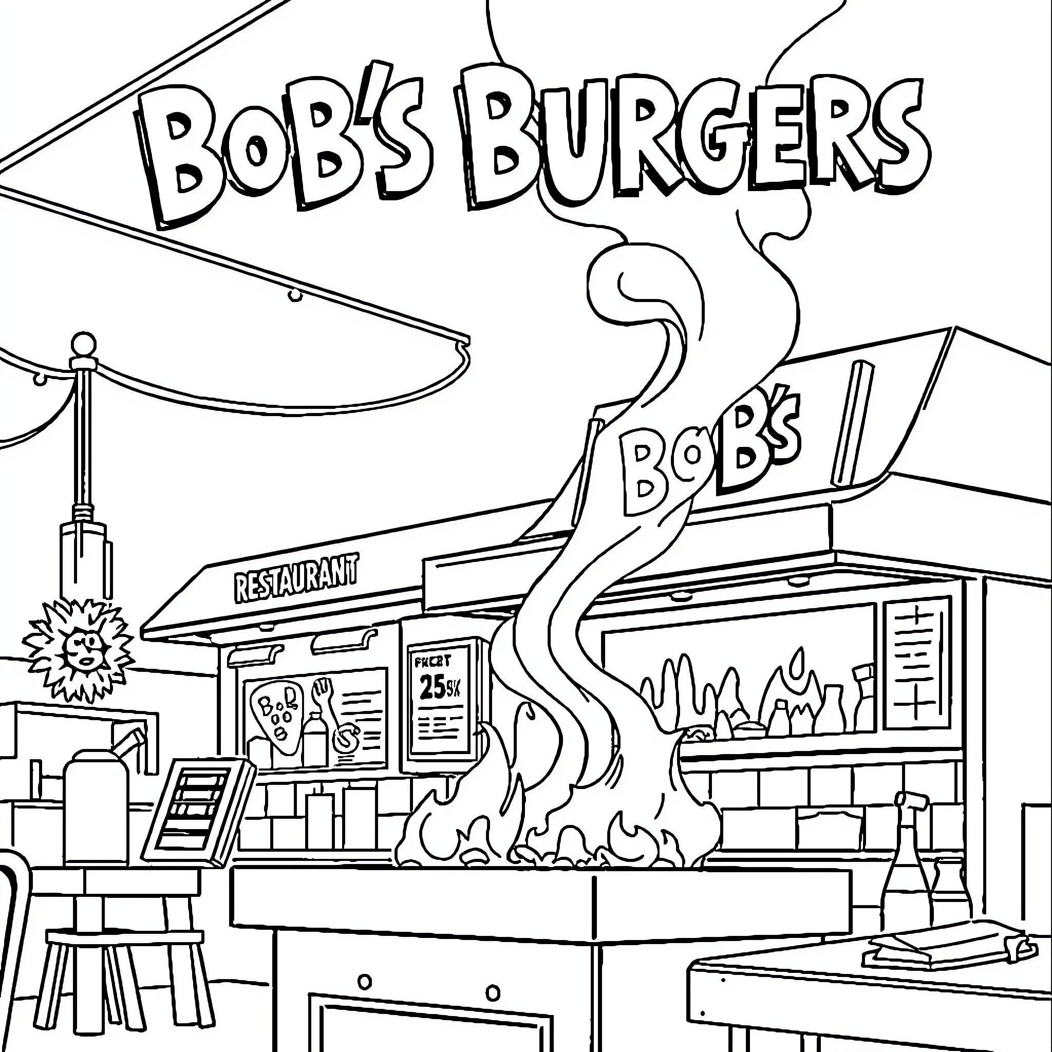 Bob's Lively Burger Restaurant Scene Coloring Page (free black-and-white line drawing printable PDF for all, from beginners to advanced learners, including children, teens, adults, and seniors)
