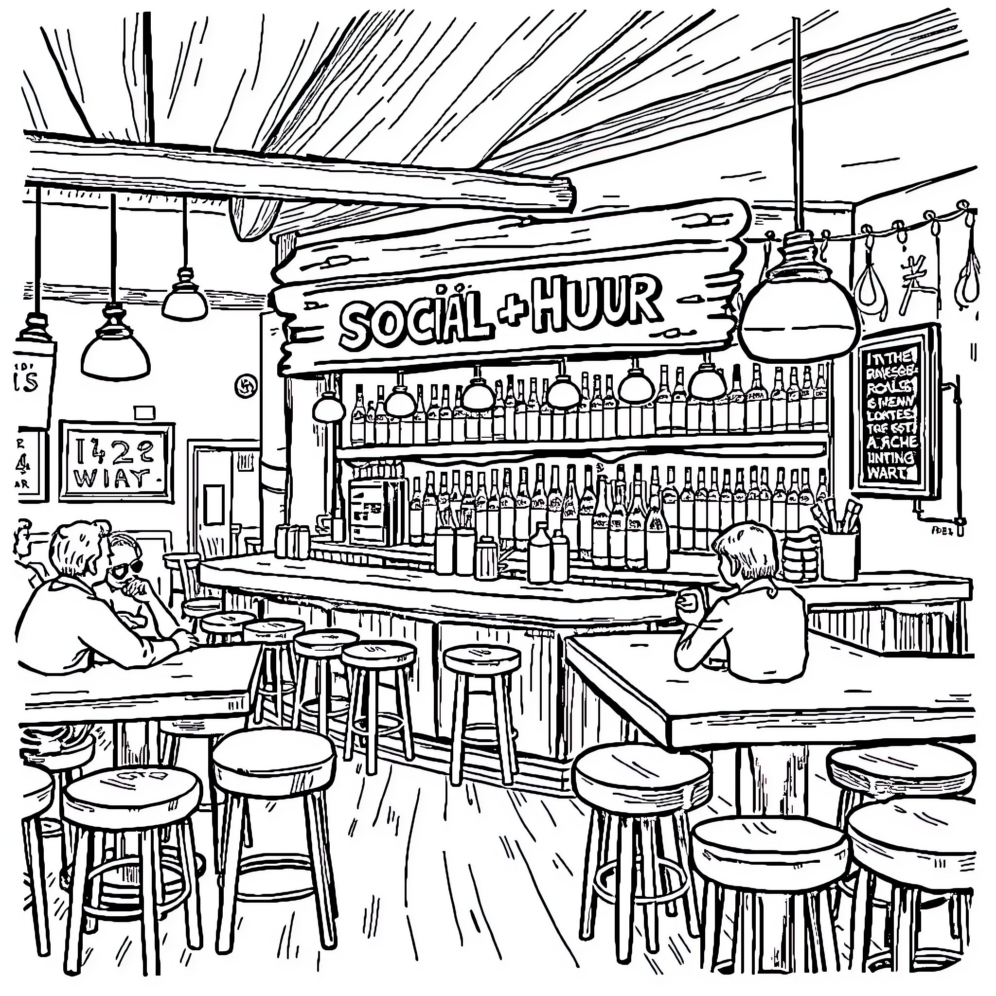 Beer lovers enjoying happy hour at the social bar Coloring Page (free black-and-white line drawing printable PDF for all, from beginners to advanced learners, including children, teens, adults, and seniors)