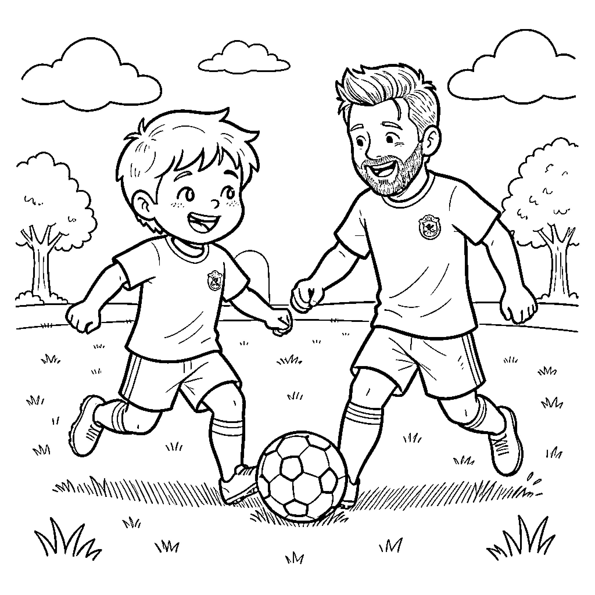 Child playing soccer with a man in a park Coloring Page (free black-and-white line drawing printable PDF for all, from beginners to advanced learners, including children, teens, adults, and seniors)