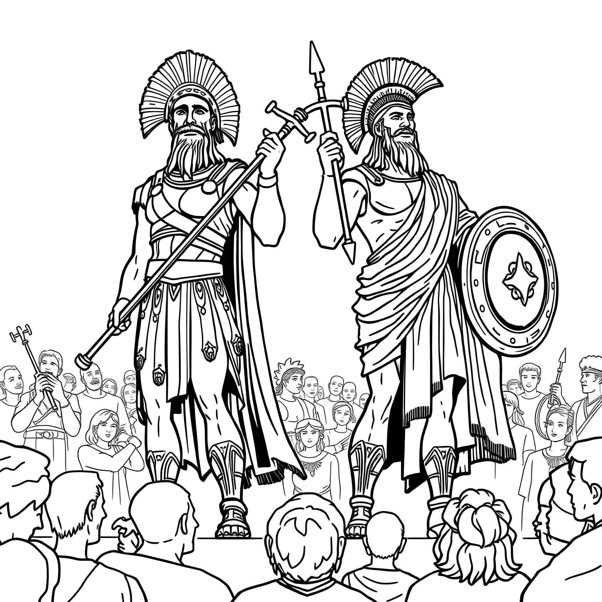 Leonidas and Spartan warriors in battle formation Coloring Page (free black-and-white line drawing printable PDF for all, from beginners to advanced learners, including children, teens, adults, and seniors)