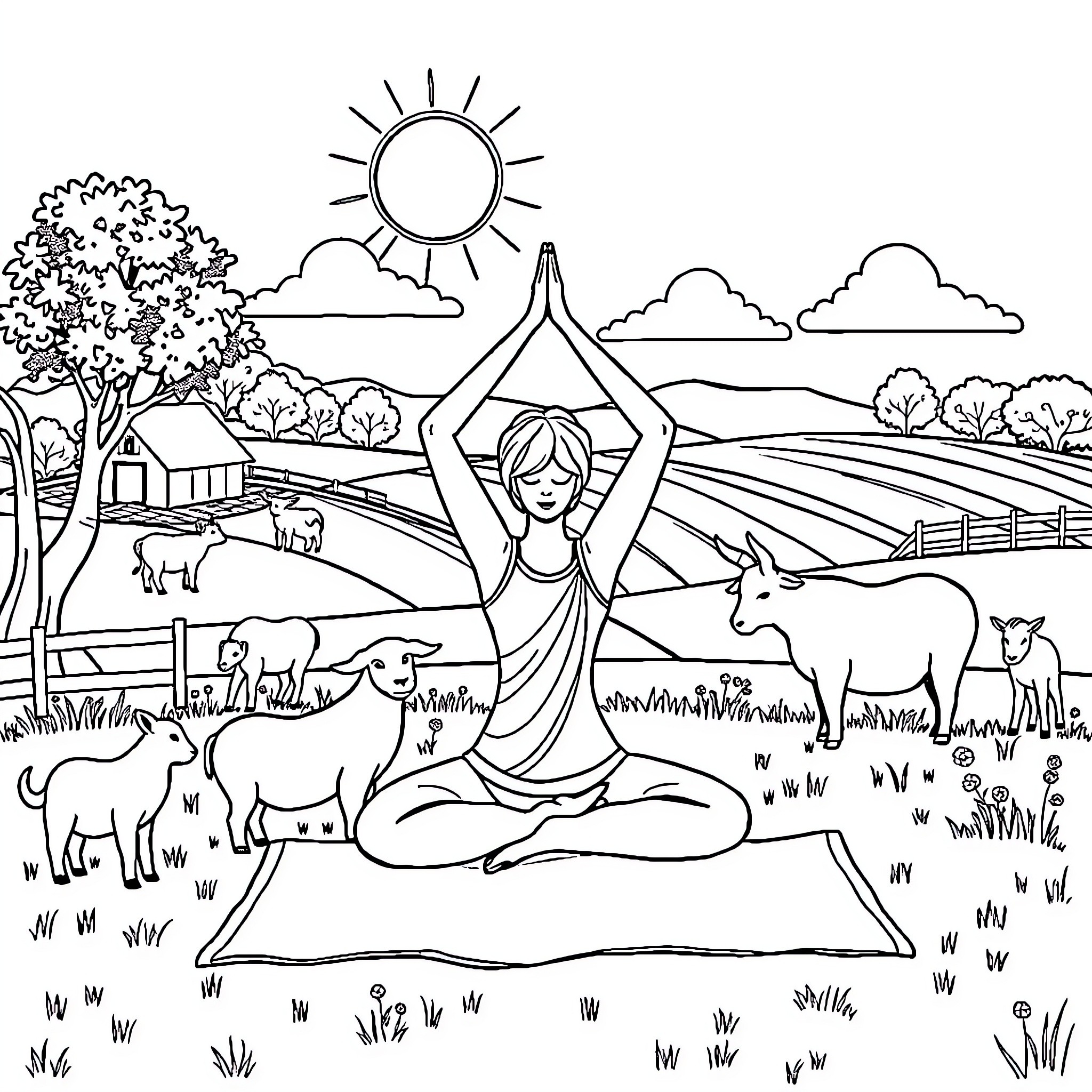 Yoga meditation in a serene outdoor setting Coloring Page (free black-and-white line drawing printable PDF for all, from beginners to advanced learners, including children, teens, adults, and seniors)