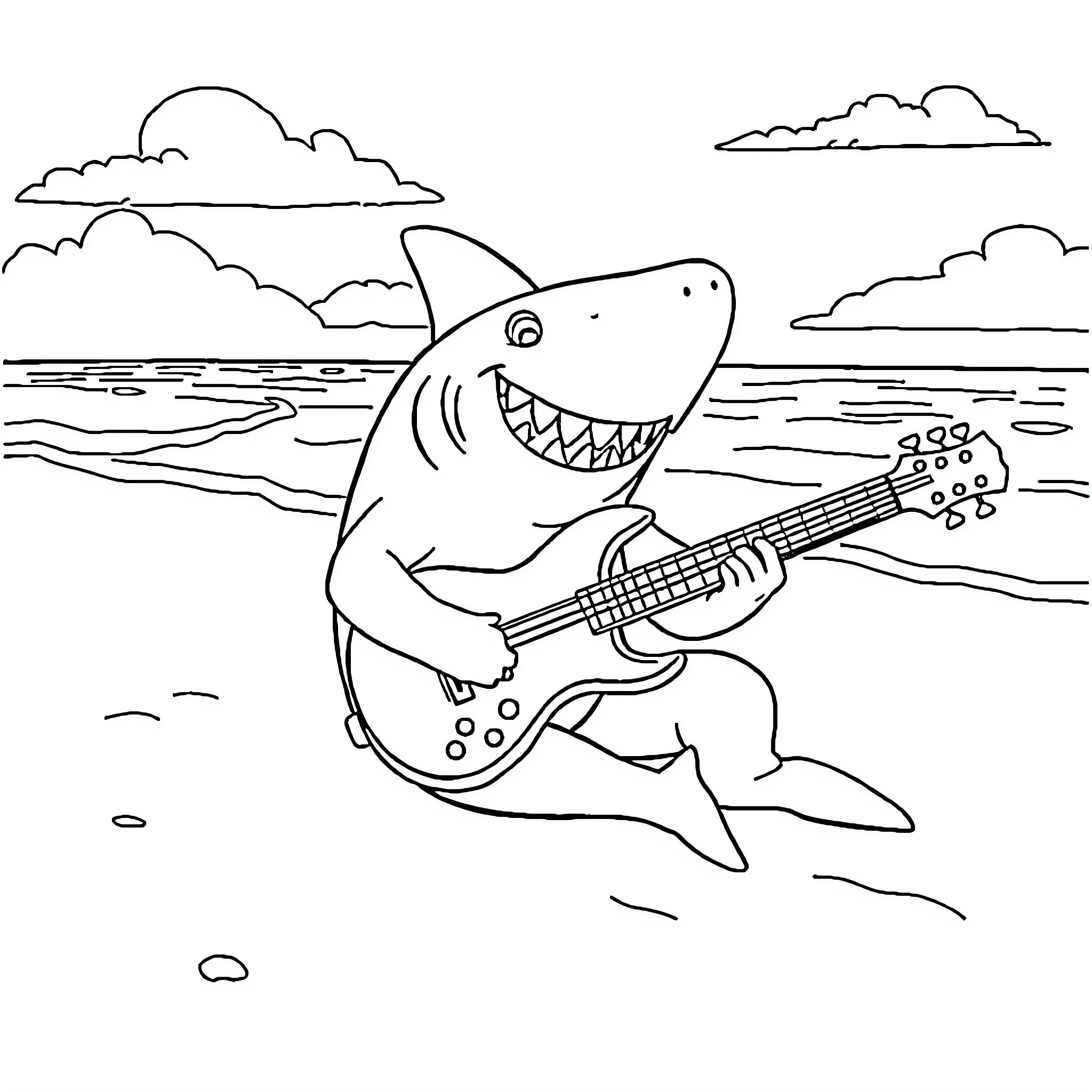 Shark playing guitar in the ocean Coloring Page (free black-and-white line drawing printable PDF for all, from beginners to advanced learners, including children, teens, adults, and seniors)