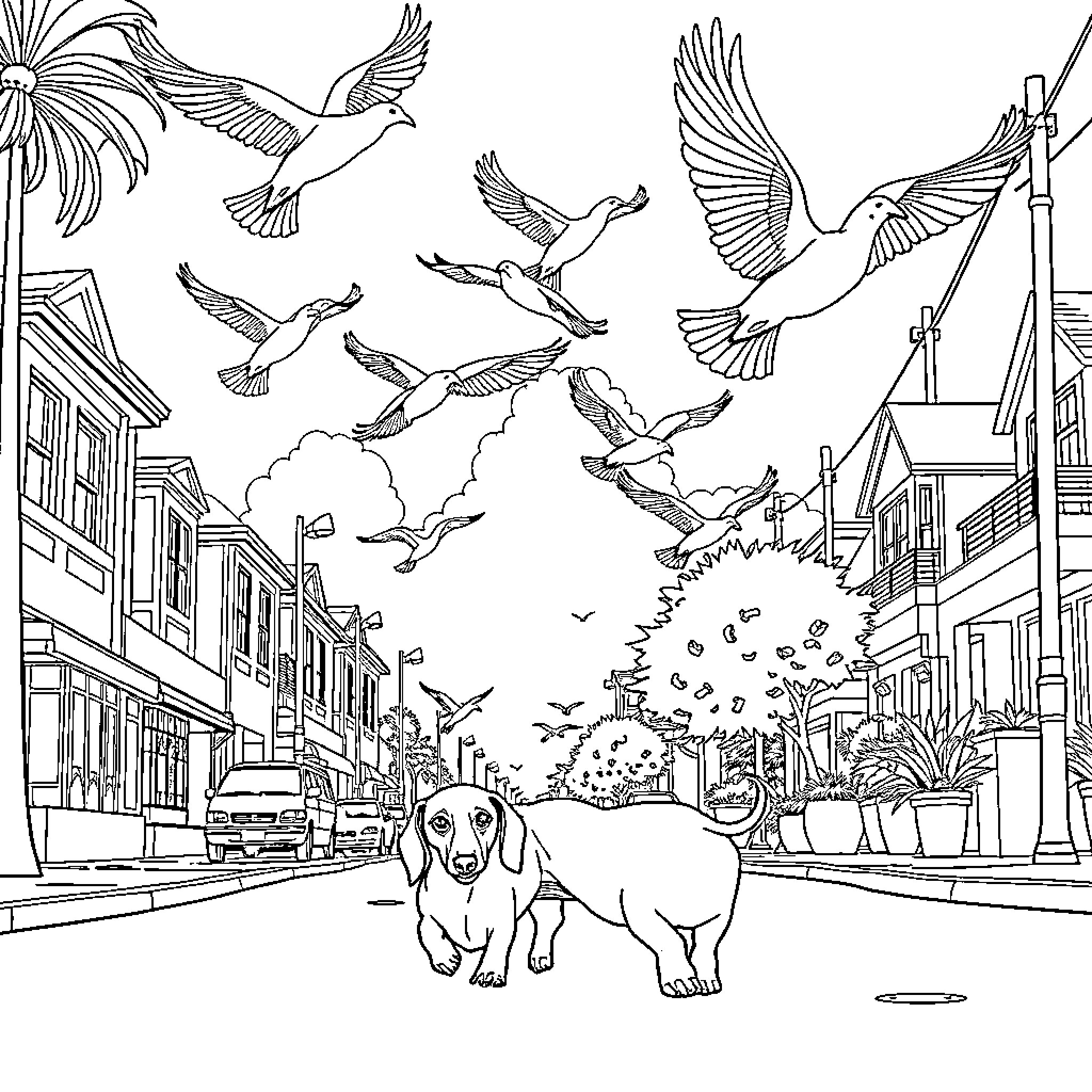 Dachshund exploring the lively city streets Coloring Page (free black-and-white line drawing printable PDF for all, from beginners to advanced learners, including children, teens, adults, and seniors)