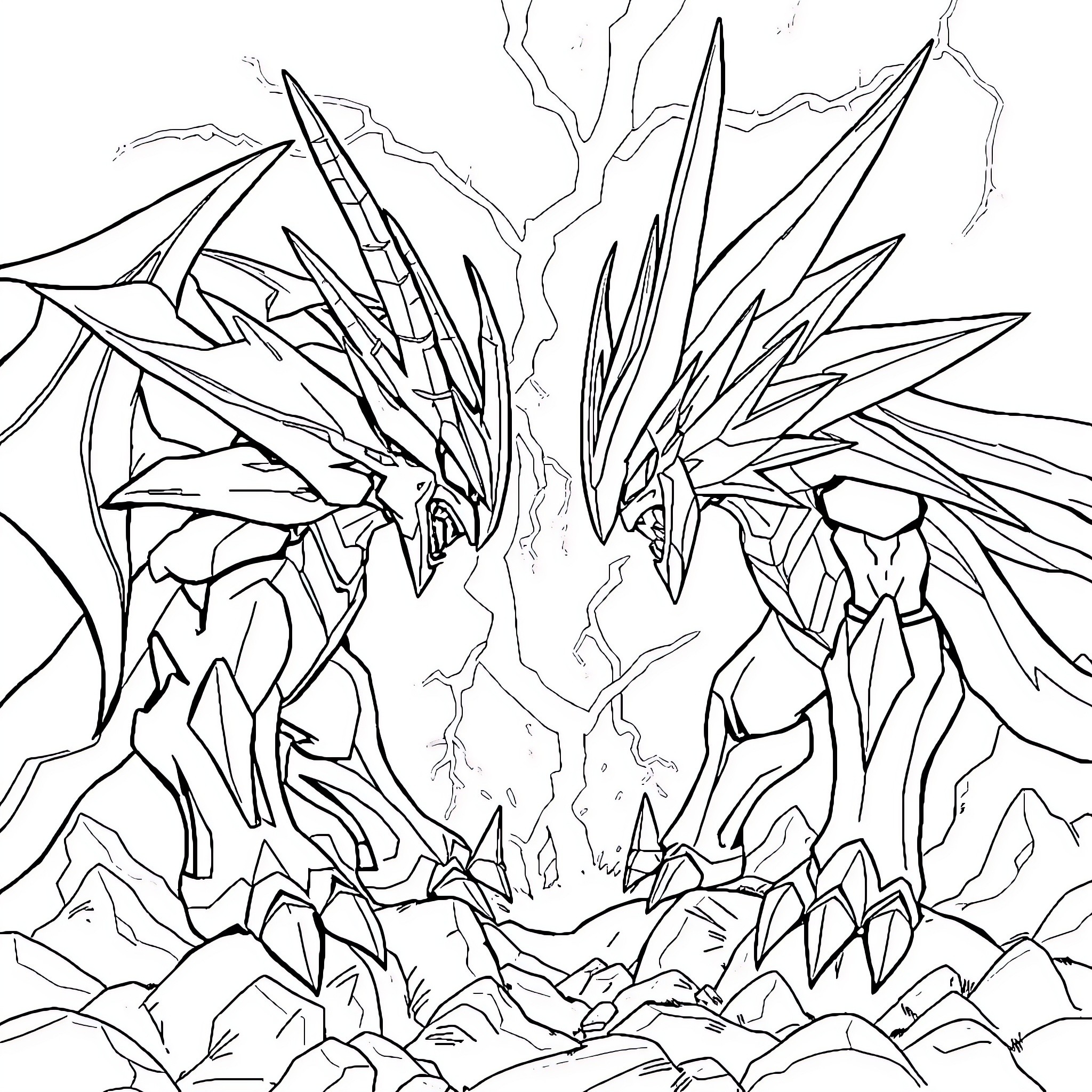 Omegamon in epic battle against fierce opponents Coloring Page (free black-and-white line drawing printable PDF for all, from beginners to advanced learners, including children, teens, adults, and seniors)