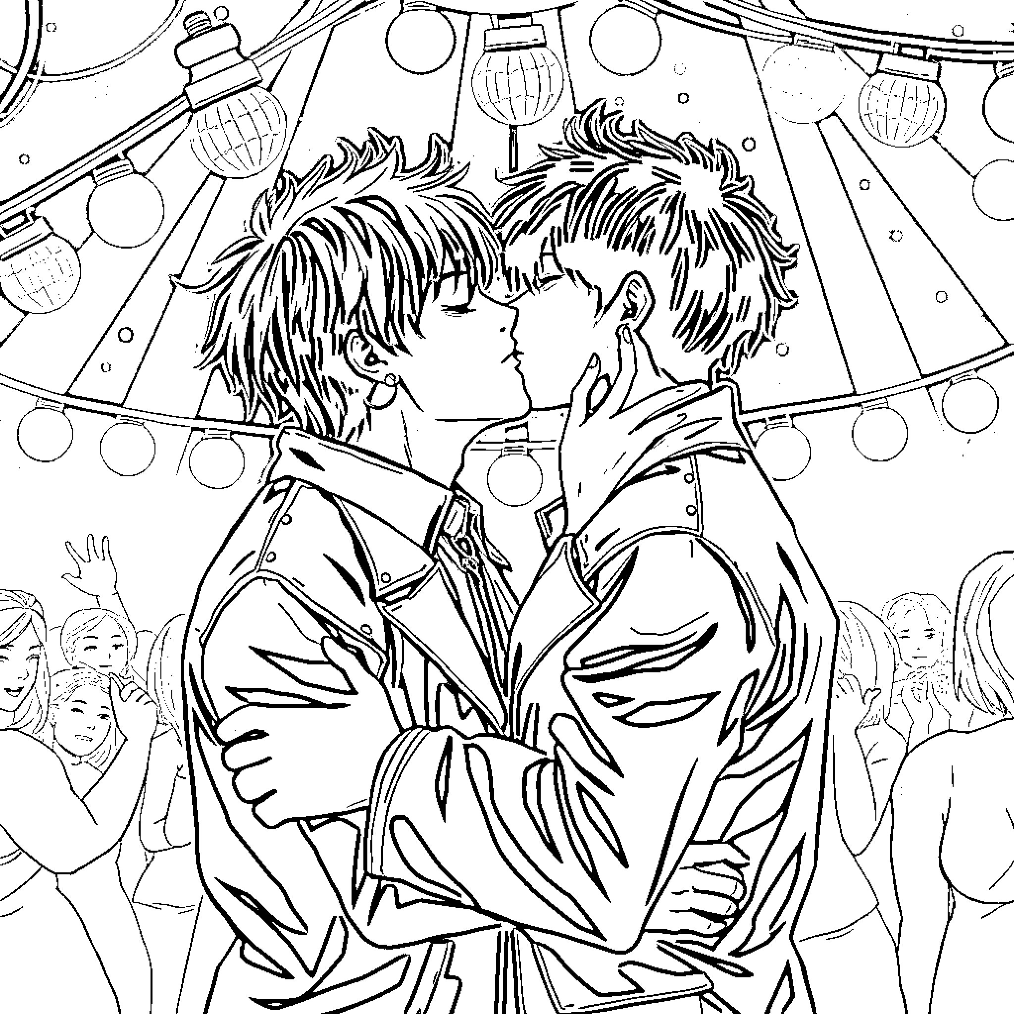 Saja Boys in a Romantic Moment Coloring Page (free black-and-white line drawing printable PDF for all, from beginners to advanced learners, including children, teens, adults, and seniors)