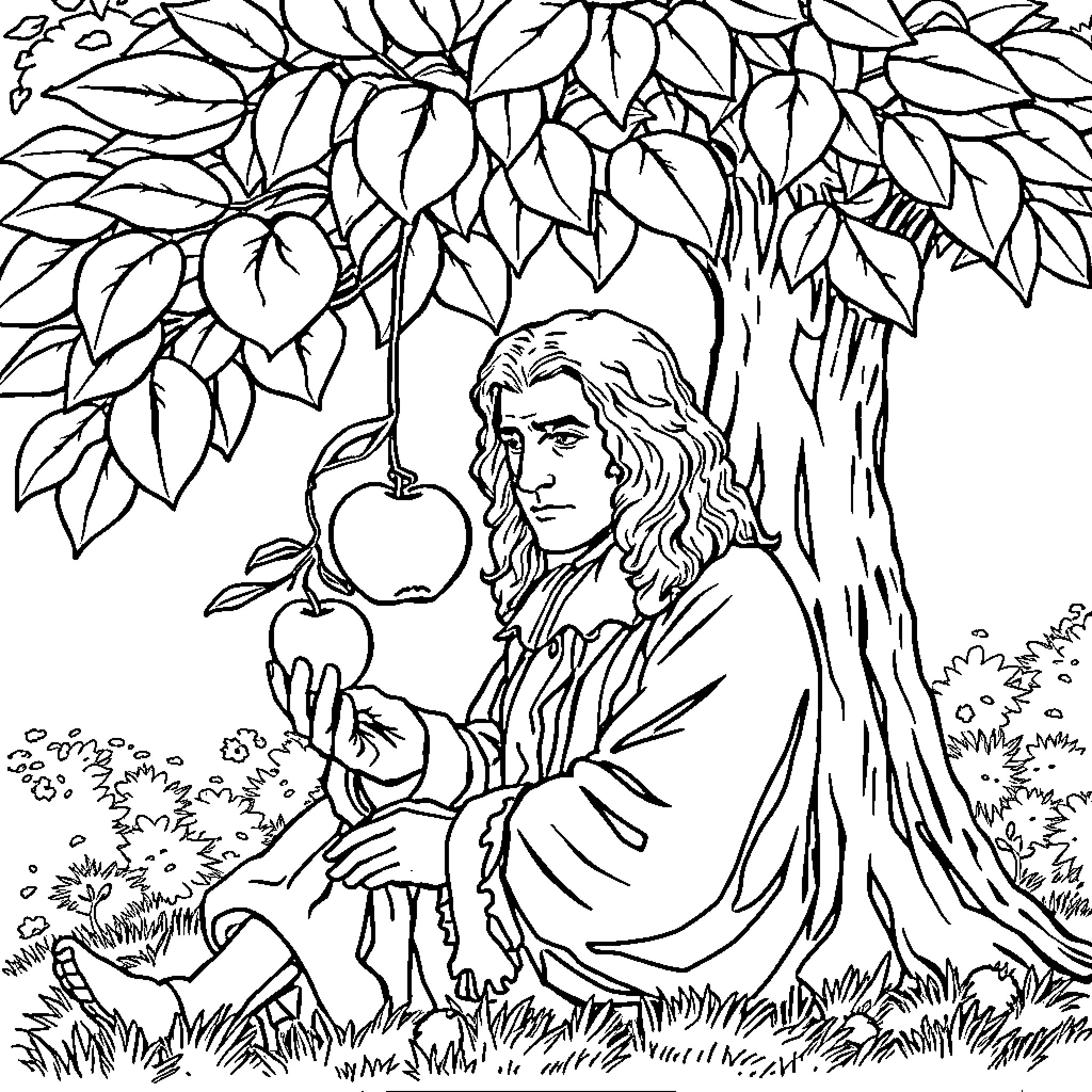 Isaac Newton observing nature under a tree Coloring Page (free black-and-white line drawing printable PDF for all, from beginners to advanced learners, including children, teens, adults, and seniors)