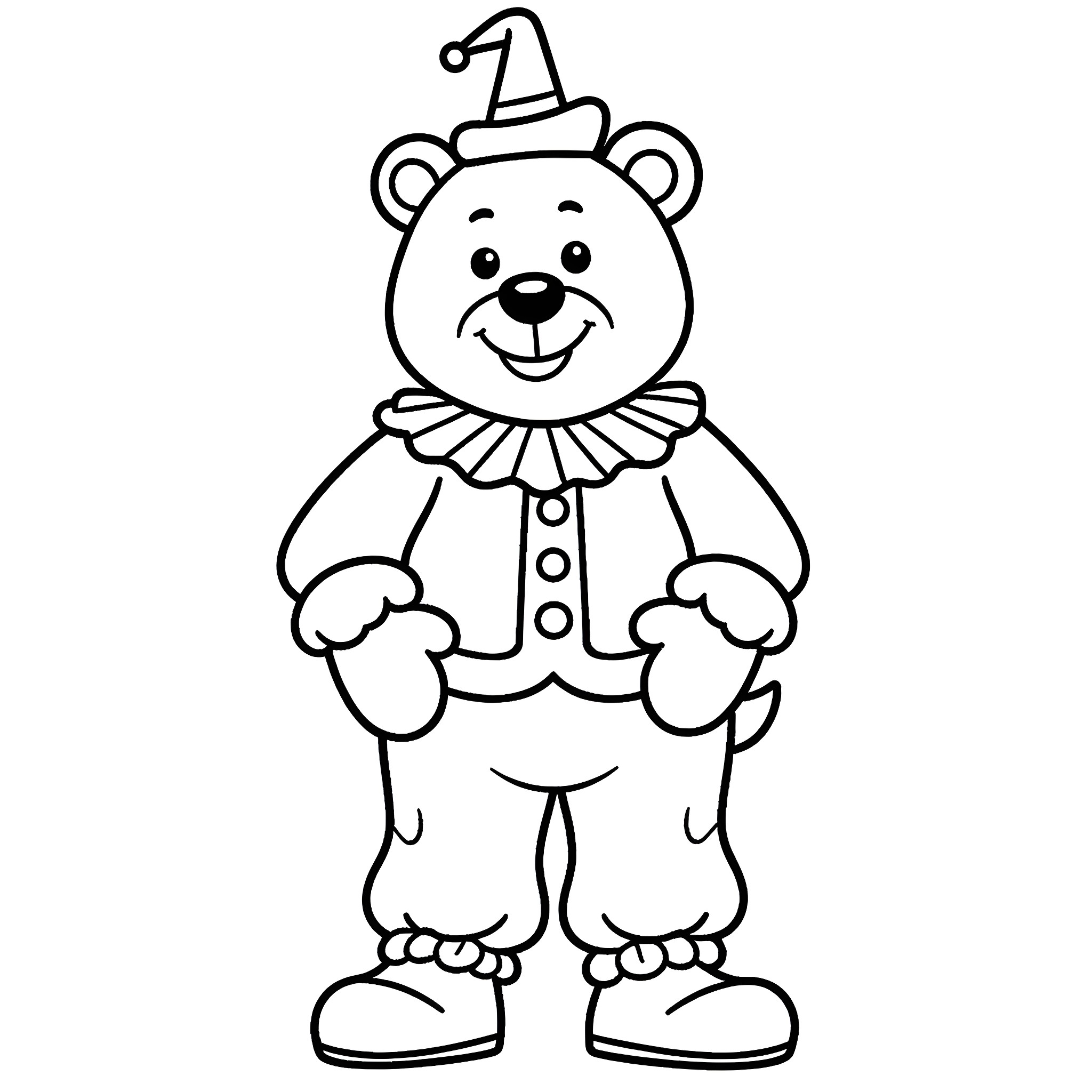Bear dressed as a clown in costume Coloring Page (free black-and-white line drawing printable PDF for all, from beginners to advanced learners, including children, teens, adults, and seniors)