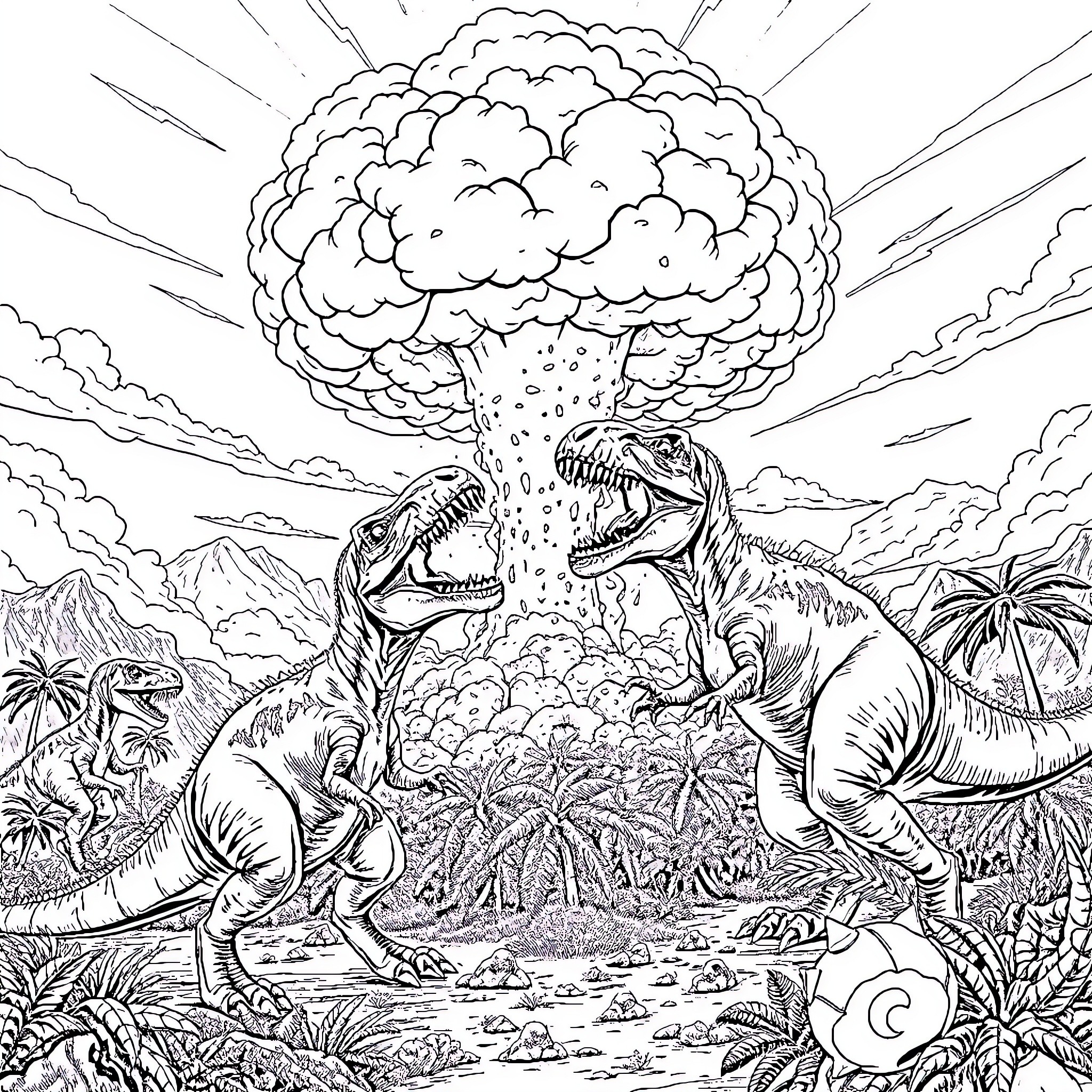 Dinosaurs in prehistoric landscape with explosive eruption Coloring Page (free black-and-white line drawing printable PDF for all, from beginners to advanced learners, including children, teens, adults, and seniors)