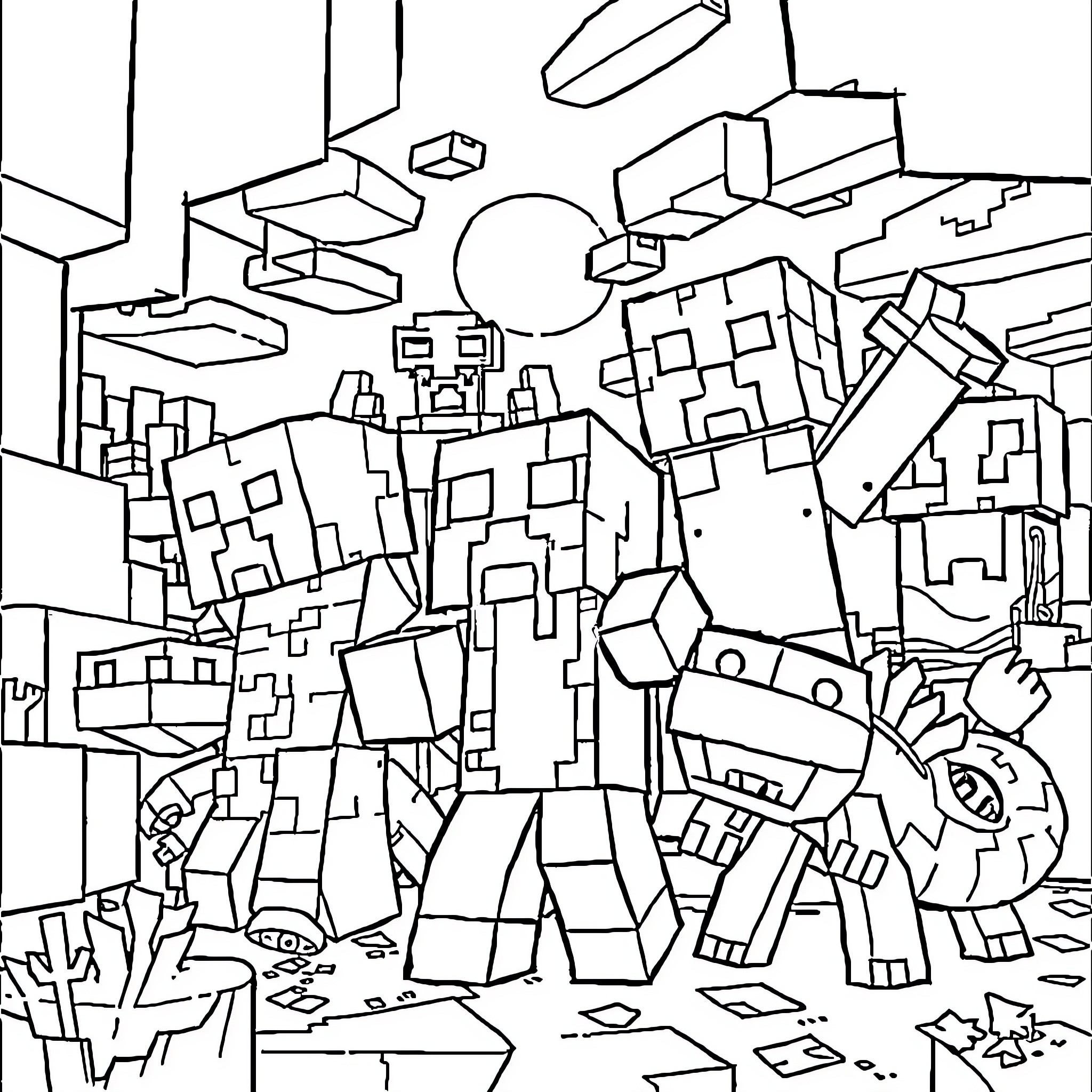 Minecraft Mob Gathering in Blocky Landscape Coloring Page (free black-and-white line drawing printable PDF for all, from beginners to advanced learners, including children, teens, adults, and seniors)