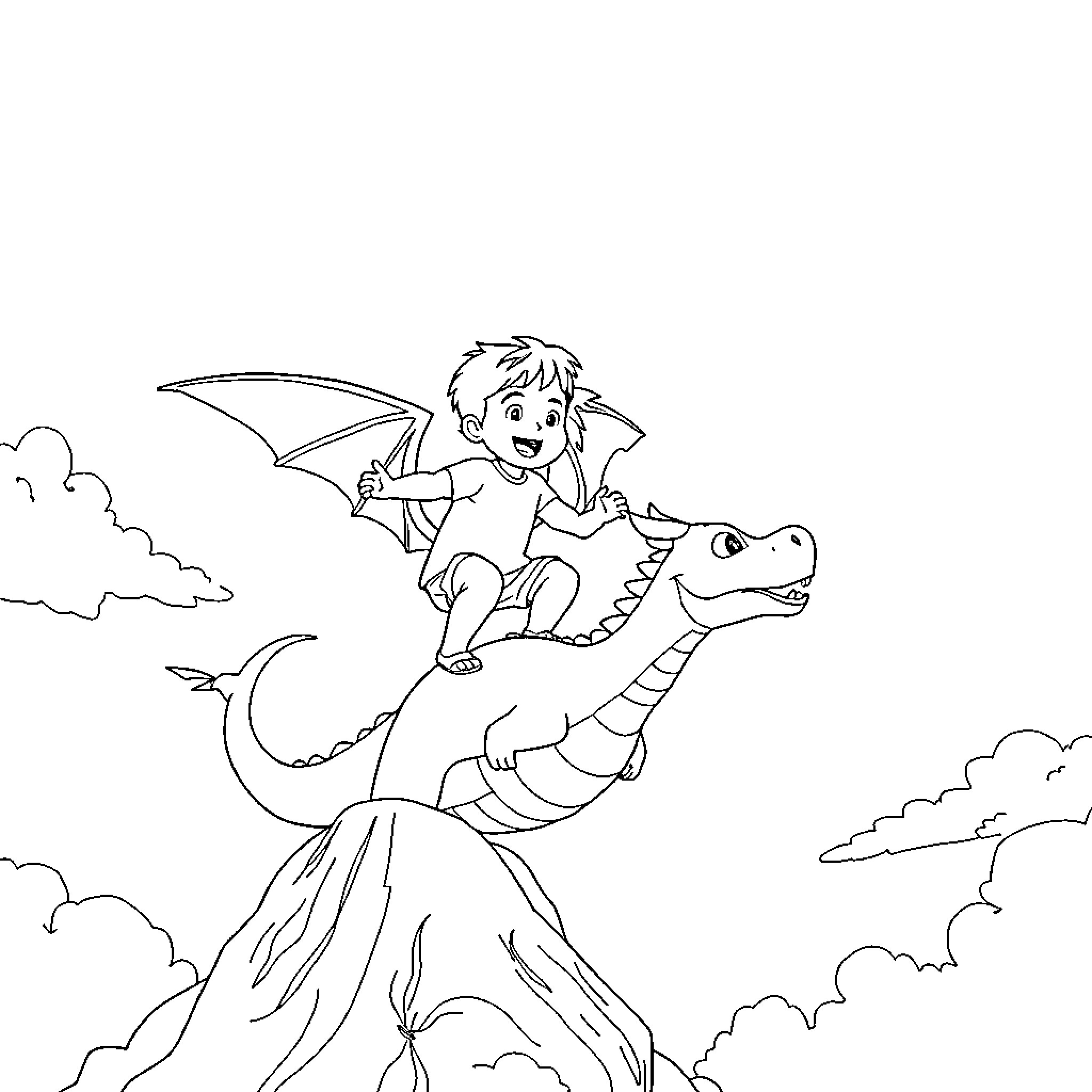 Boy riding a dragon in the sky Coloring Page (free black-and-white line drawing printable PDF for all, from beginners to advanced learners, including children, teens, adults, and seniors)