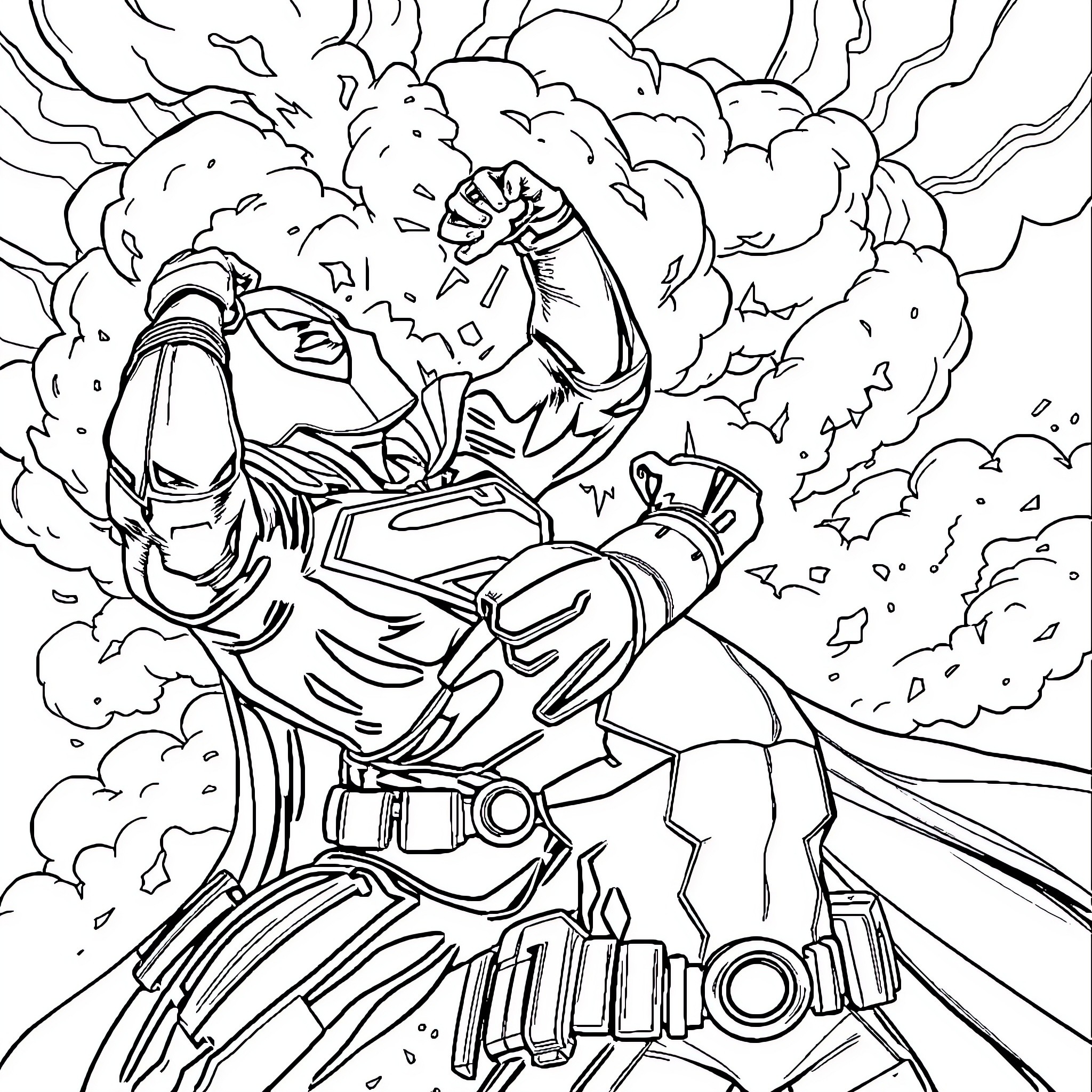 Deadpool Unleashing Explosive Force in Dramatic Scene Coloring Page (free black-and-white line drawing printable PDF for all, from beginners to advanced learners, including children, teens, adults, and seniors)