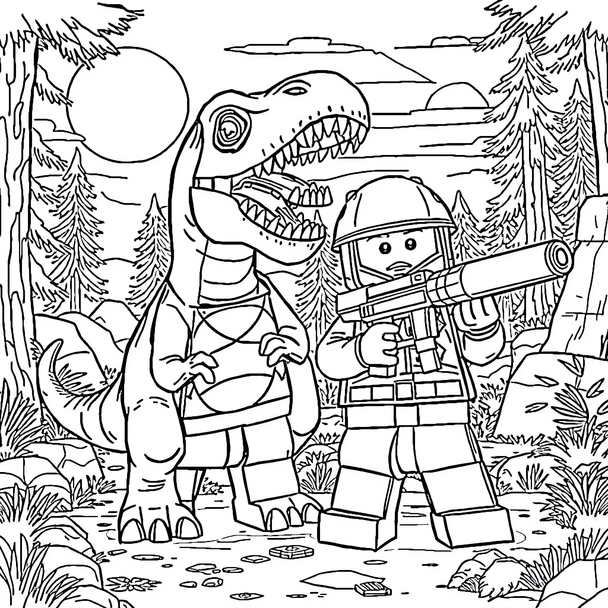 Dinosaur hunting expedition in the wilderness Coloring Page (free black-and-white line drawing printable PDF for all, from beginners to advanced learners, including children, teens, adults, and seniors)
