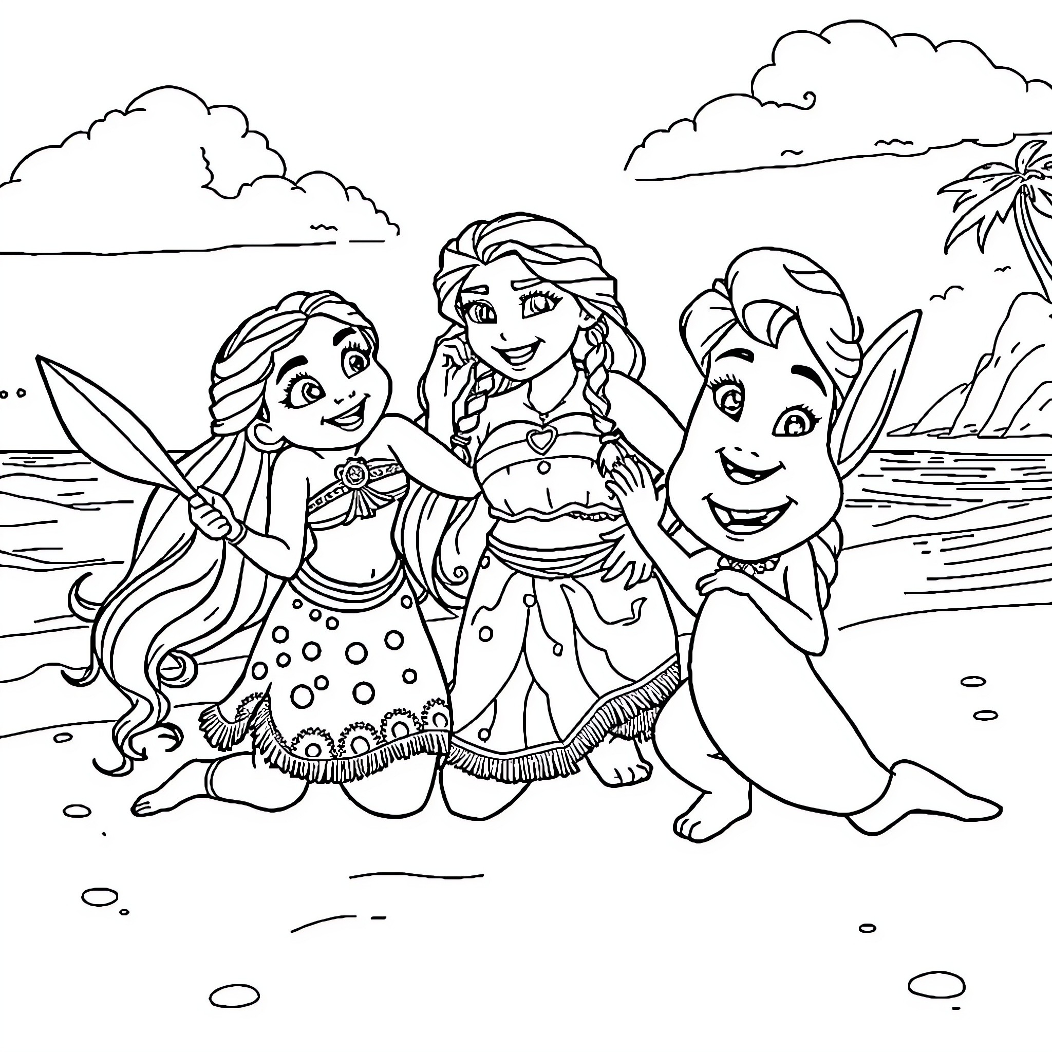 Moana and friends enjoying a day at the beach Coloring Page (free black-and-white line drawing printable PDF for all, from beginners to advanced learners, including children, teens, adults, and seniors)