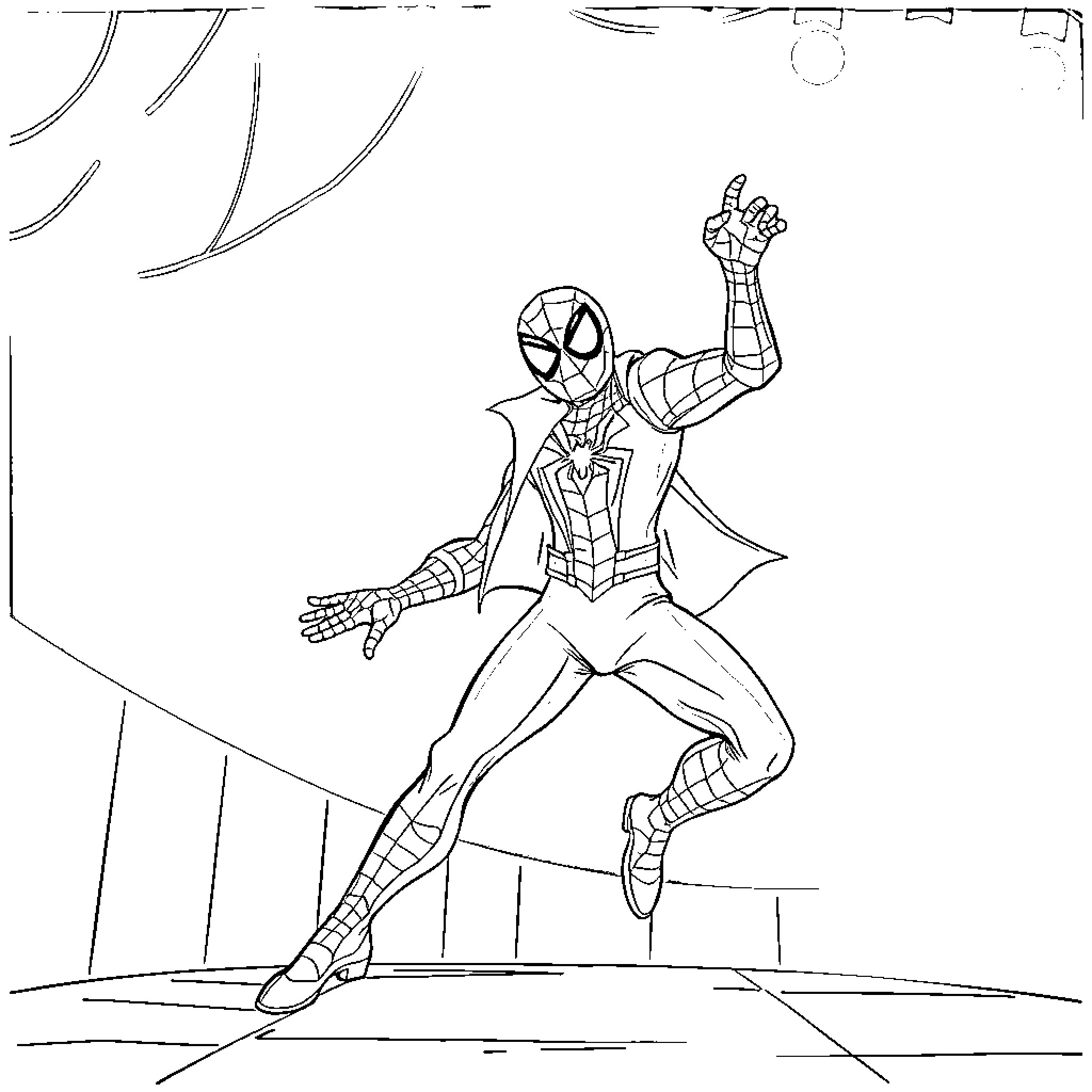 Spiderman swinging through the city in action pose Coloring Page (free black-and-white line drawing printable PDF for all, from beginners to advanced learners, including children, teens, adults, and seniors)