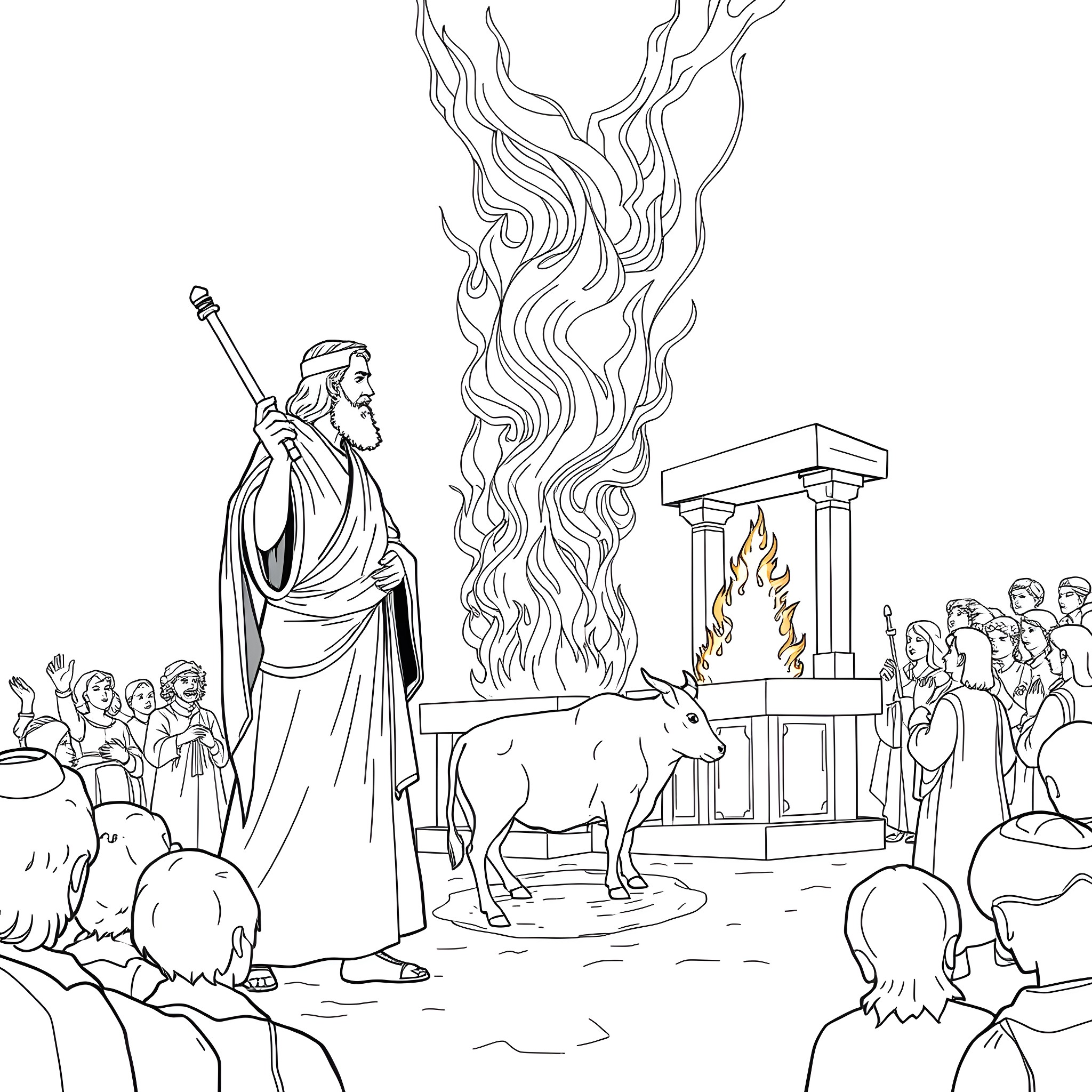 Elijah's Miracle: Confronting Baal with a Fiery Display Coloring Page (free black-and-white line drawing printable PDF for all, from beginners to advanced learners, including children, teens, adults, and seniors)