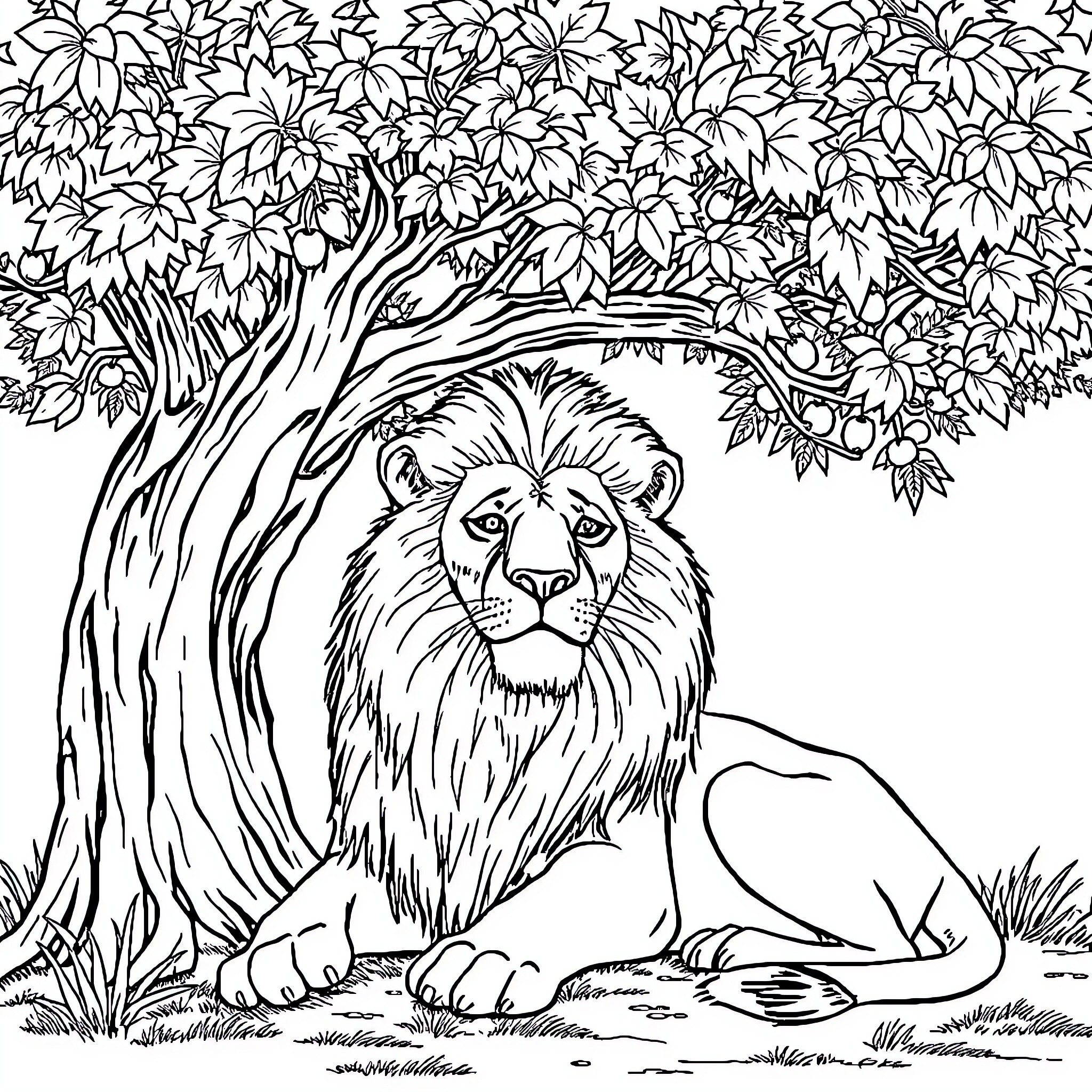 Lion resting under a lush tree Coloring Page (free black-and-white line drawing printable PDF for all, from beginners to advanced learners, including children, teens, adults, and seniors)
