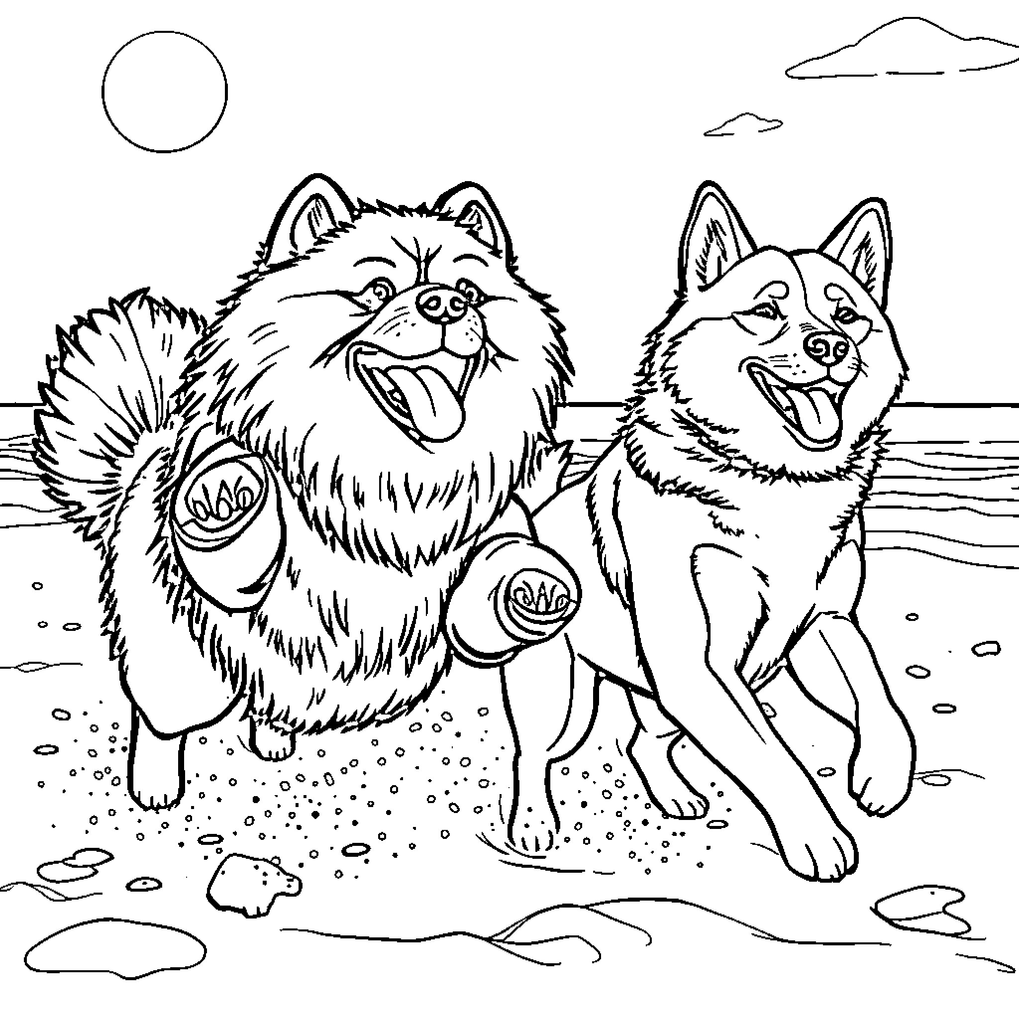 Dog friends exploring the outdoors Coloring Page (free black-and-white line drawing printable PDF for all, from beginners to advanced learners, including children, teens, adults, and seniors)