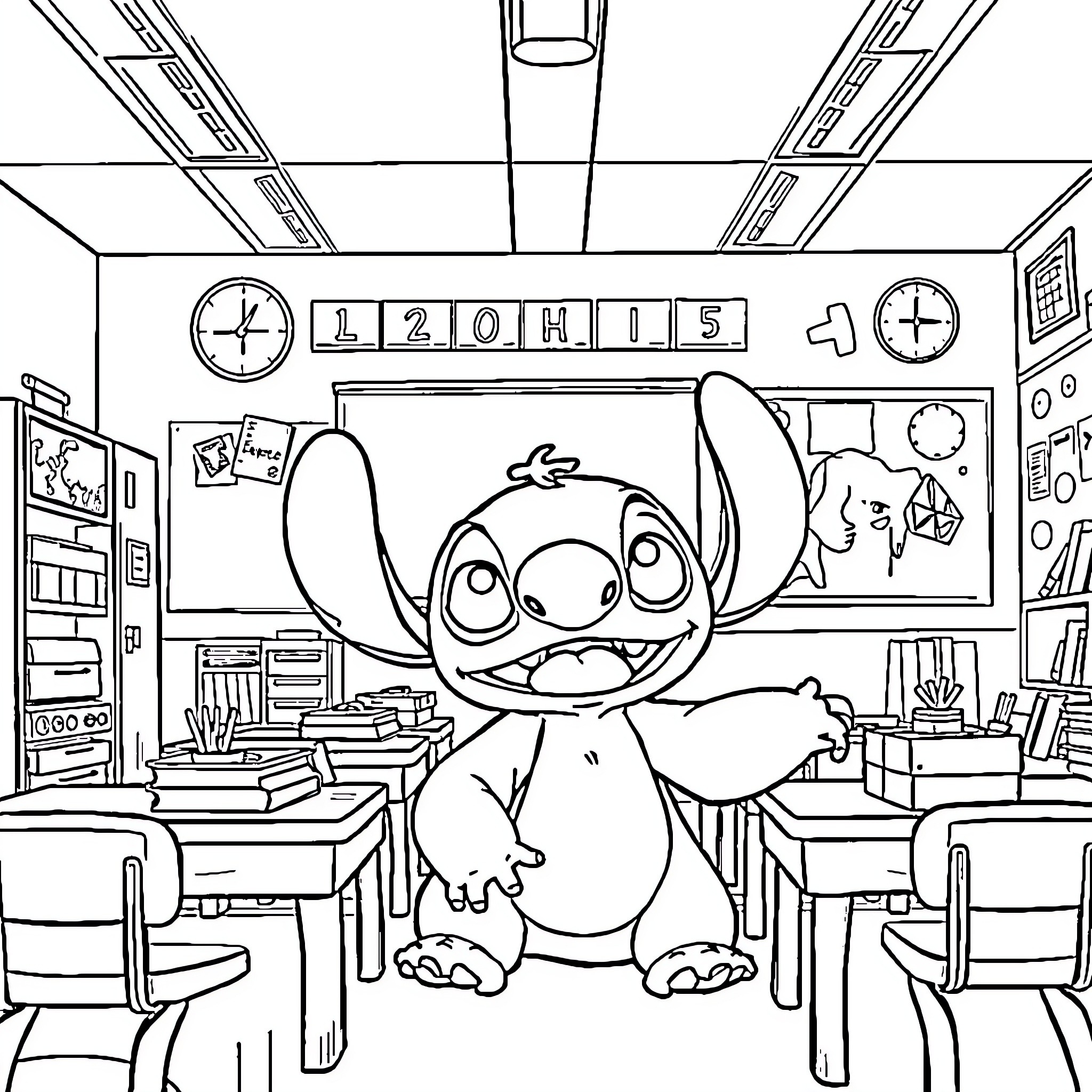 Lilo And Stitch in Mischievous Adventure at School Coloring Page (free black-and-white line drawing printable PDF for all, from beginners to advanced learners, including children, teens, adults, and seniors)