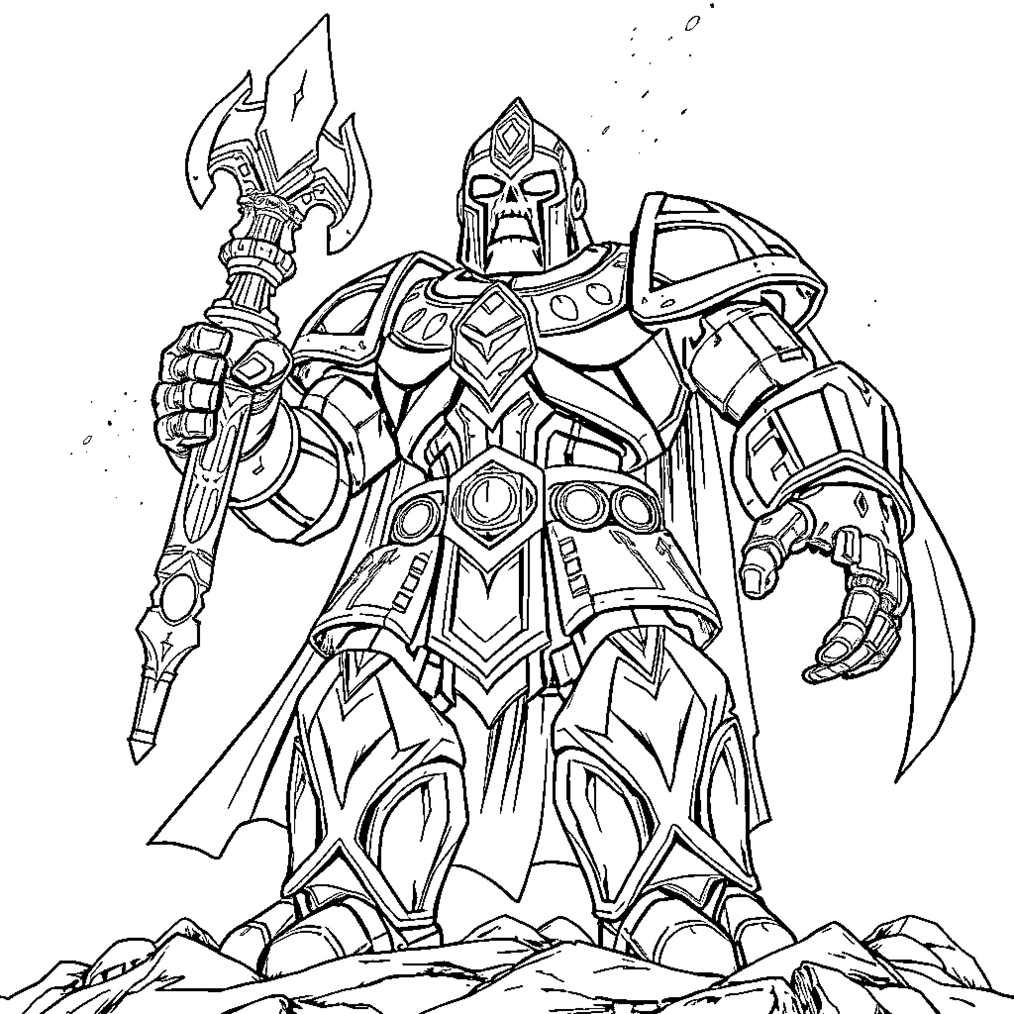 Eisen Golem Wielding Mighty Weapon in Rugged Terrain Coloring Page (free black-and-white line drawing printable PDF for all, from beginners to advanced learners, including children, teens, adults, and seniors)