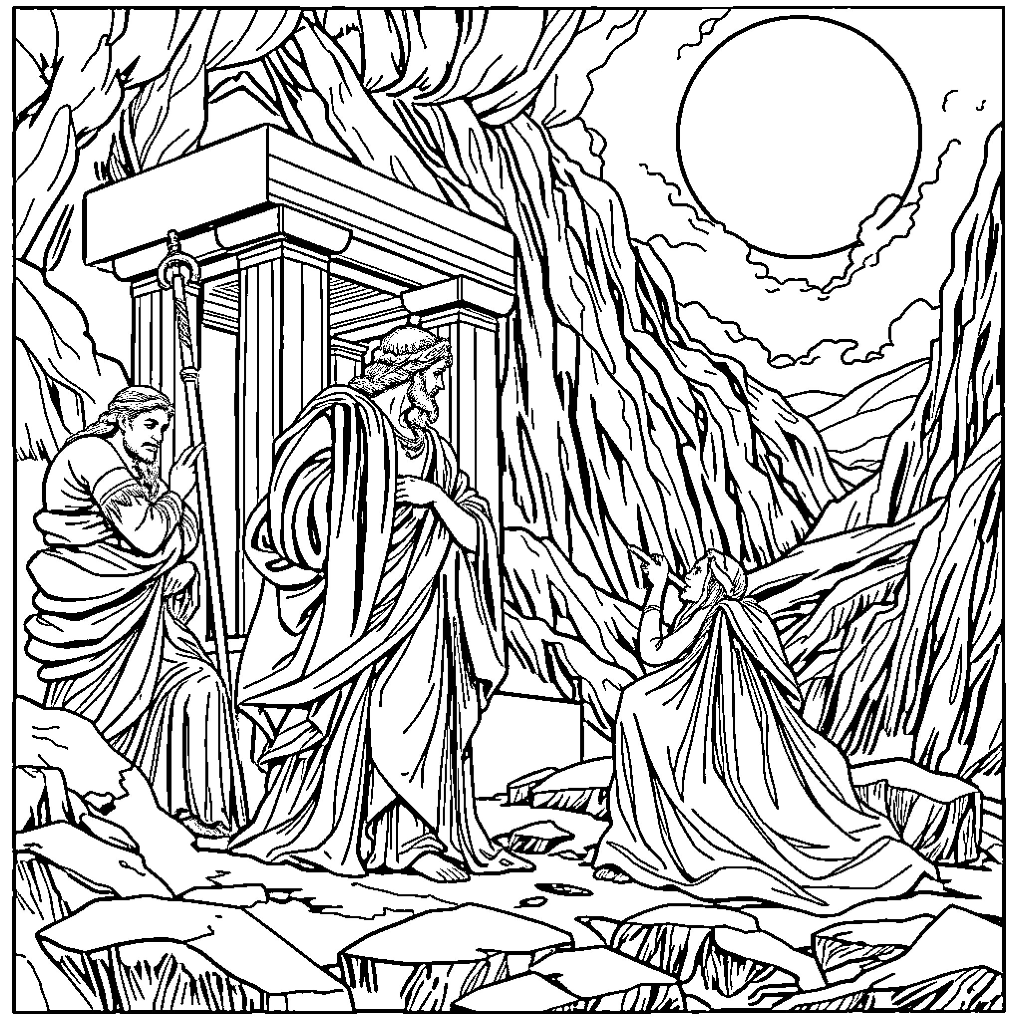 Antigone before the Mourning Gate Coloring Page (free black-and-white line drawing printable PDF for all, from beginners to advanced learners, including children, teens, adults, and seniors)