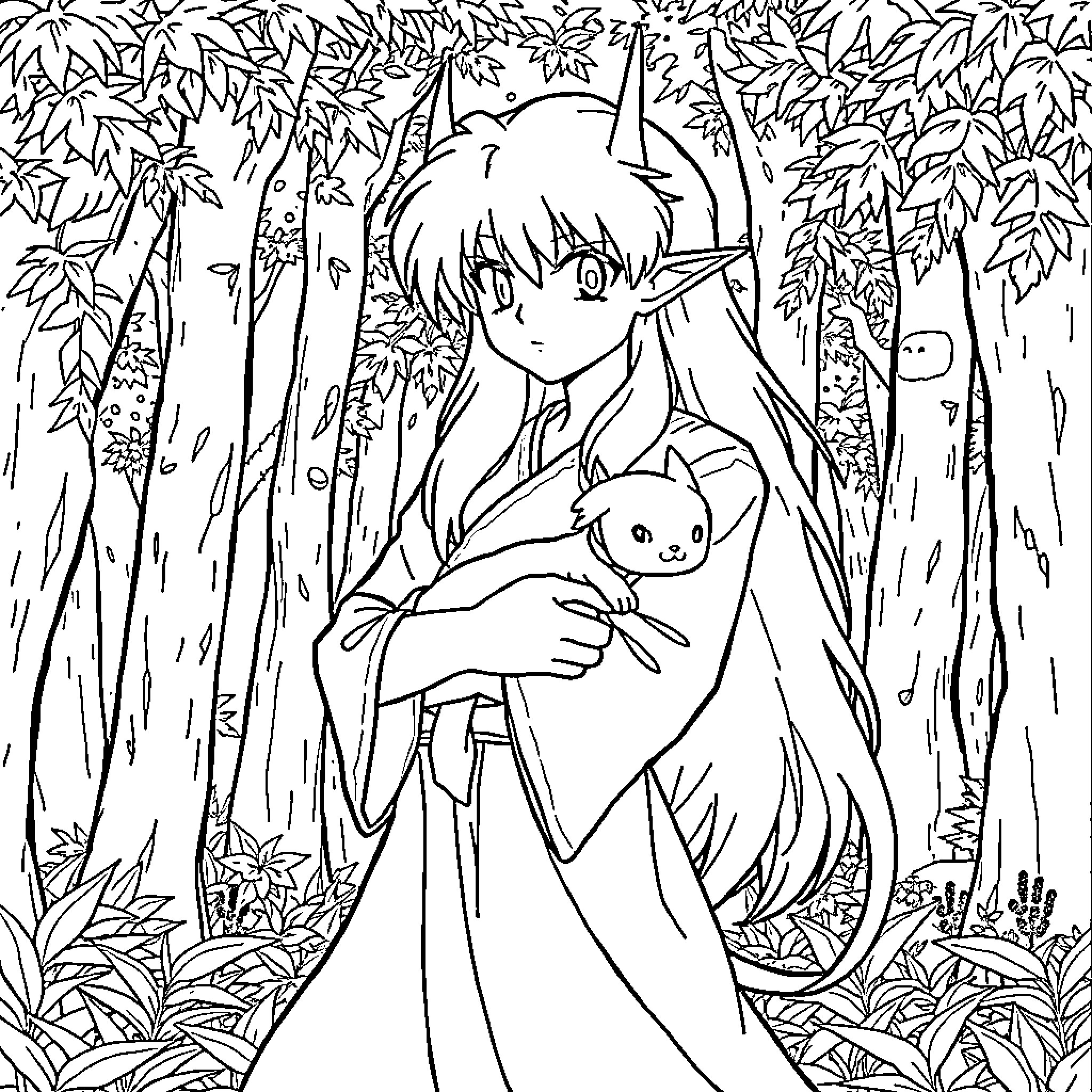 Inuyasha's Enchanting Encounter in the Lush Forest Coloring Page (free black-and-white line drawing printable PDF for all, from beginners to advanced learners, including children, teens, adults, and seniors)