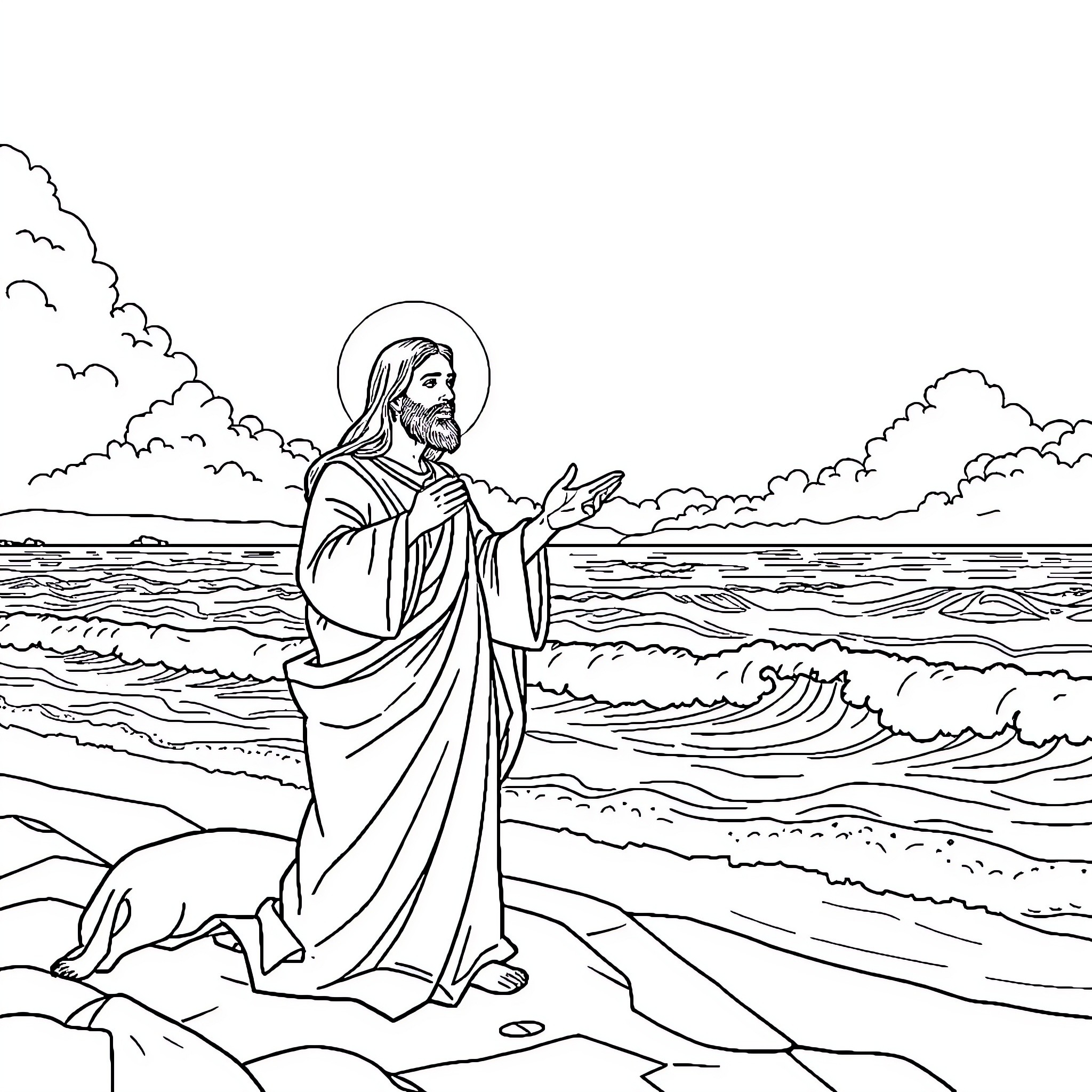 Jesucristo walking on the water Coloring Page (free black-and-white line drawing printable PDF for all, from beginners to advanced learners, including children, teens, adults, and seniors)