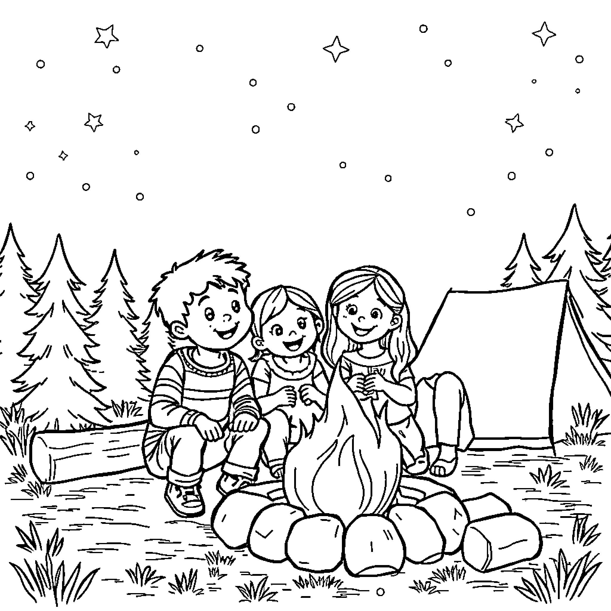 Family Camping Under the Starry Sky Coloring Page (free black-and-white line drawing printable PDF for all, from beginners to advanced learners, including children, teens, adults, and seniors)