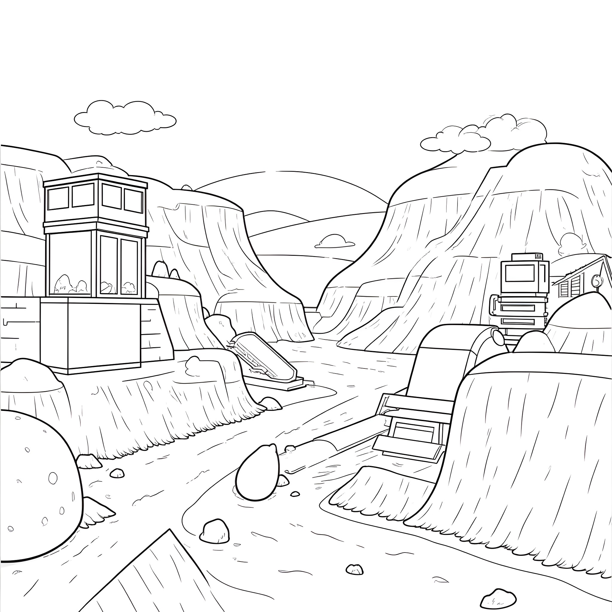 Minecraft characters in a rocky desert landscape Coloring Page (free black-and-white line drawing printable PDF for all, from beginners to advanced learners, including children, teens, adults, and seniors)